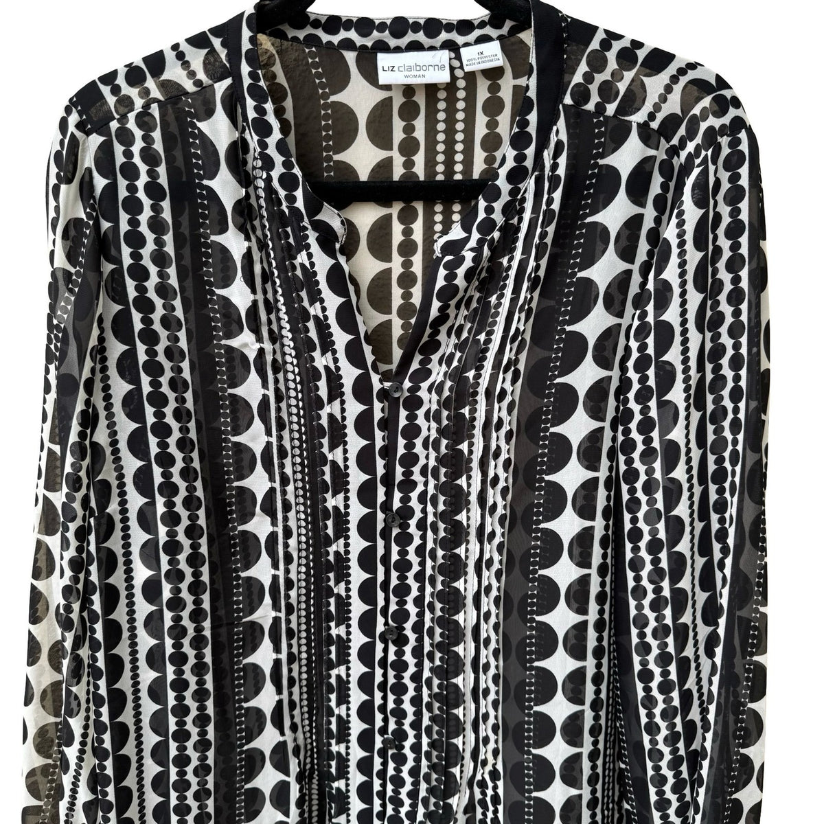 Liz Claiborne Mod Professional Geometric Dot Stripe Chiffon Blouse Black 1X