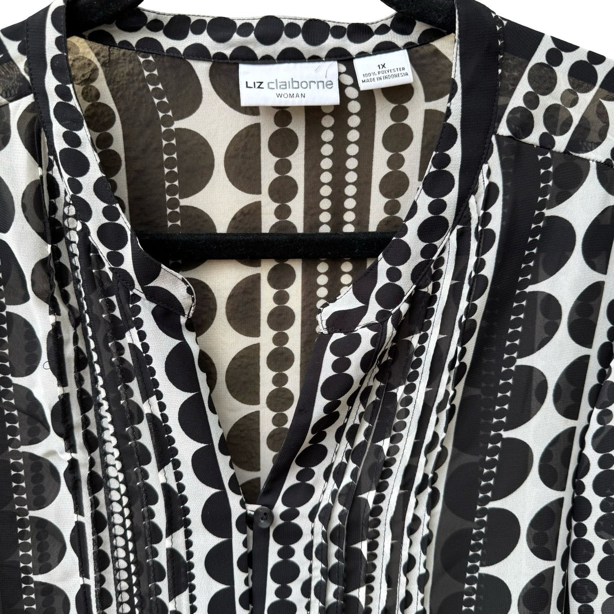 Liz Claiborne Mod Professional Geometric Dot Stripe Chiffon Blouse Black 1X