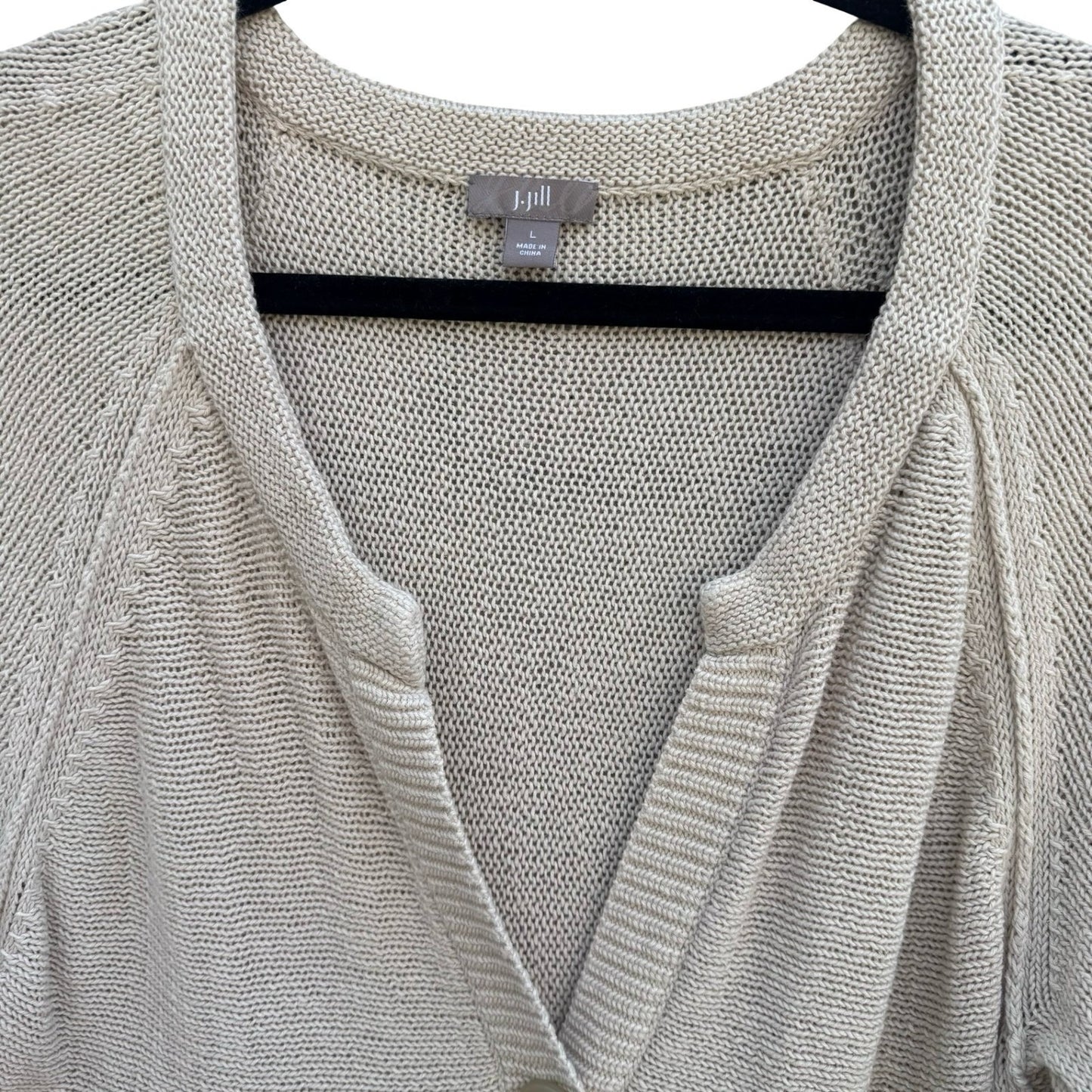 J Jill Linen Cotton Knit Cardigan Sweater Large Oatmeal 3/4 Sleeve 1-Button