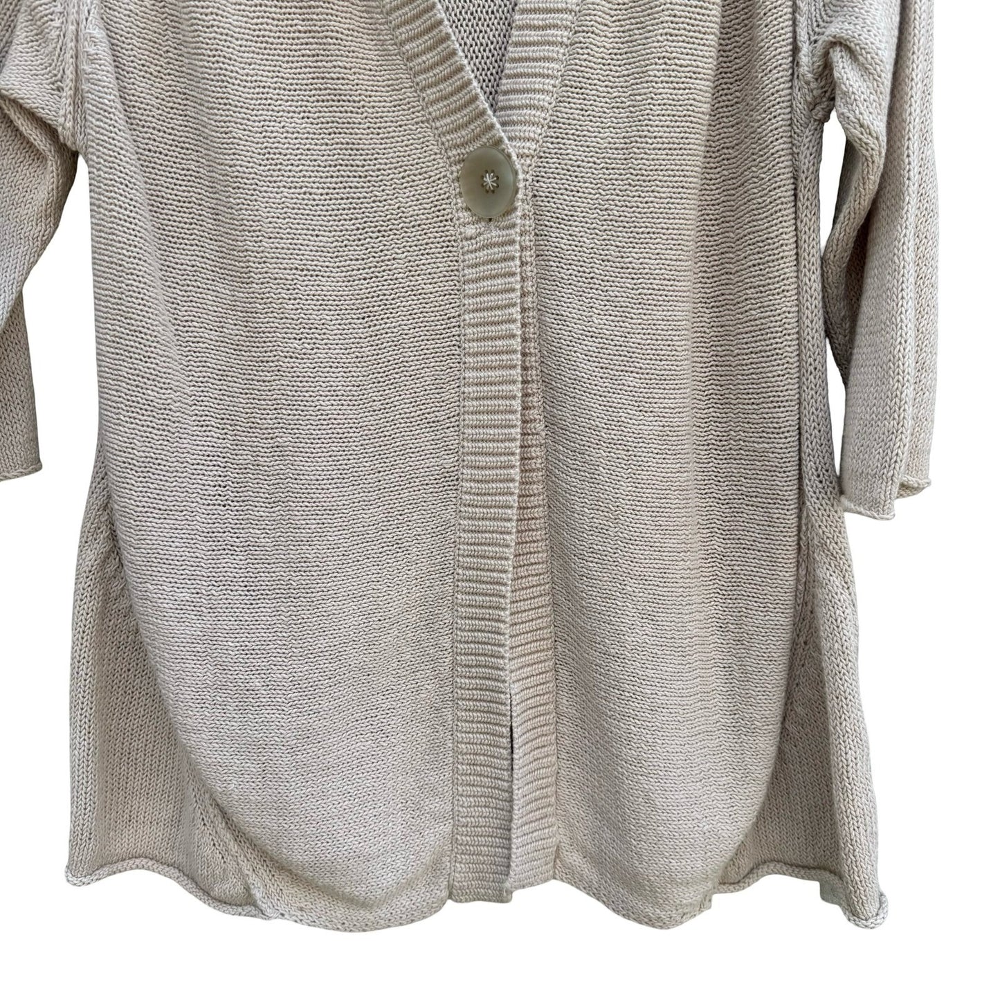 J Jill Linen Cotton Knit Cardigan Sweater Large Oatmeal 3/4 Sleeve 1-Button