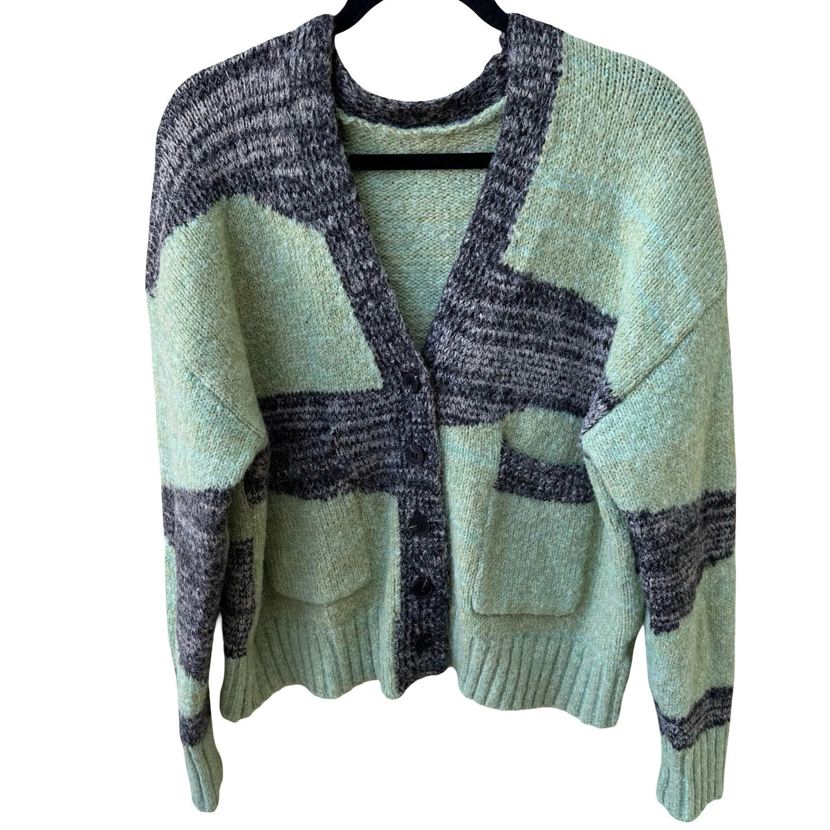 Cider Indie Colorblock Oversized Wool Blend Knit Boho Cardigan Sweater Green M
