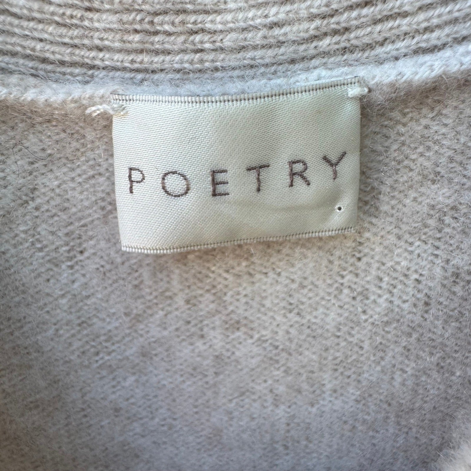 Poetry 100% Cashmere Quiet Luxury Oatmeal Collared 3/4 Sleeve Cardigan Sweater 4