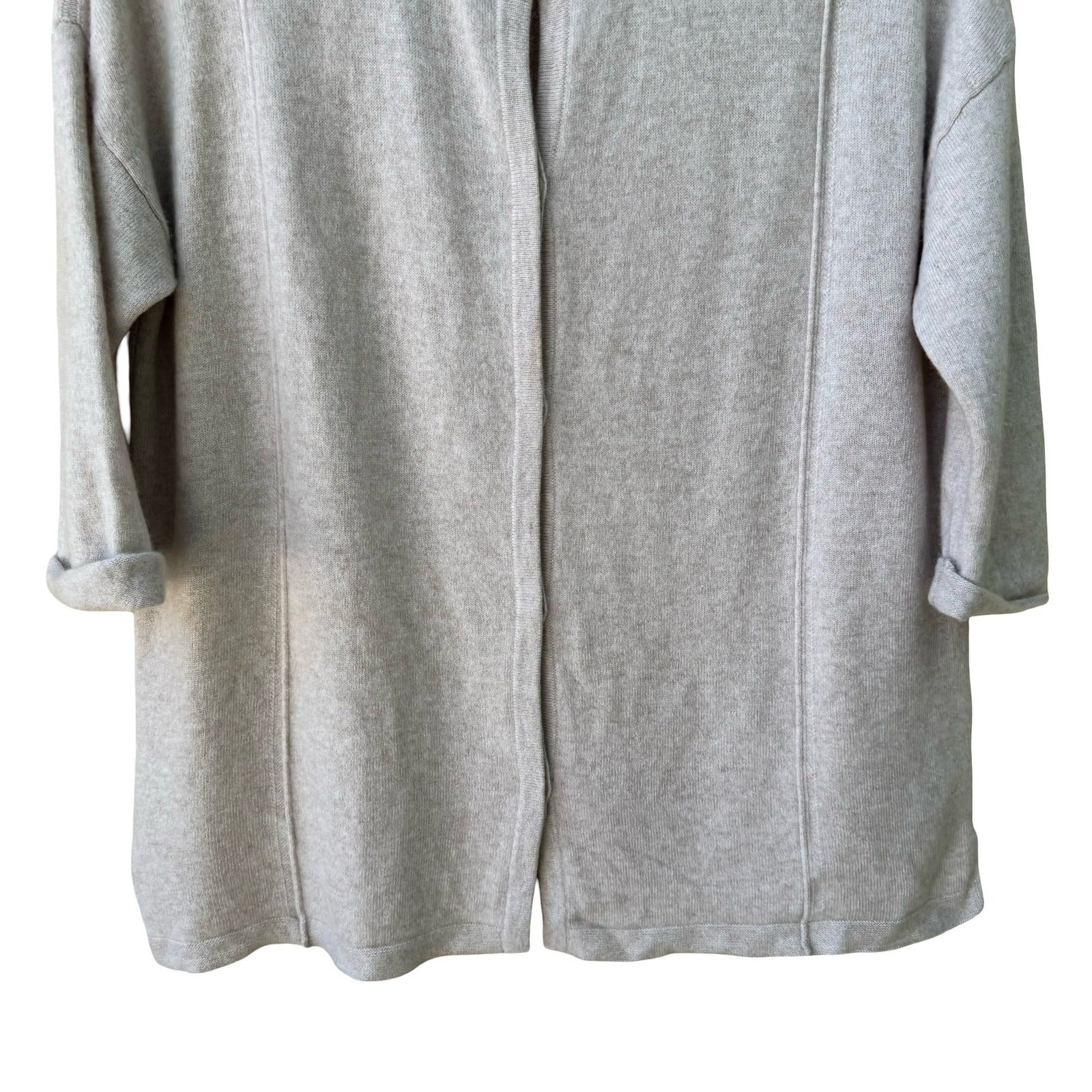 Poetry 100% Cashmere Quiet Luxury Oatmeal Collared 3/4 Sleeve Cardigan Sweater 4