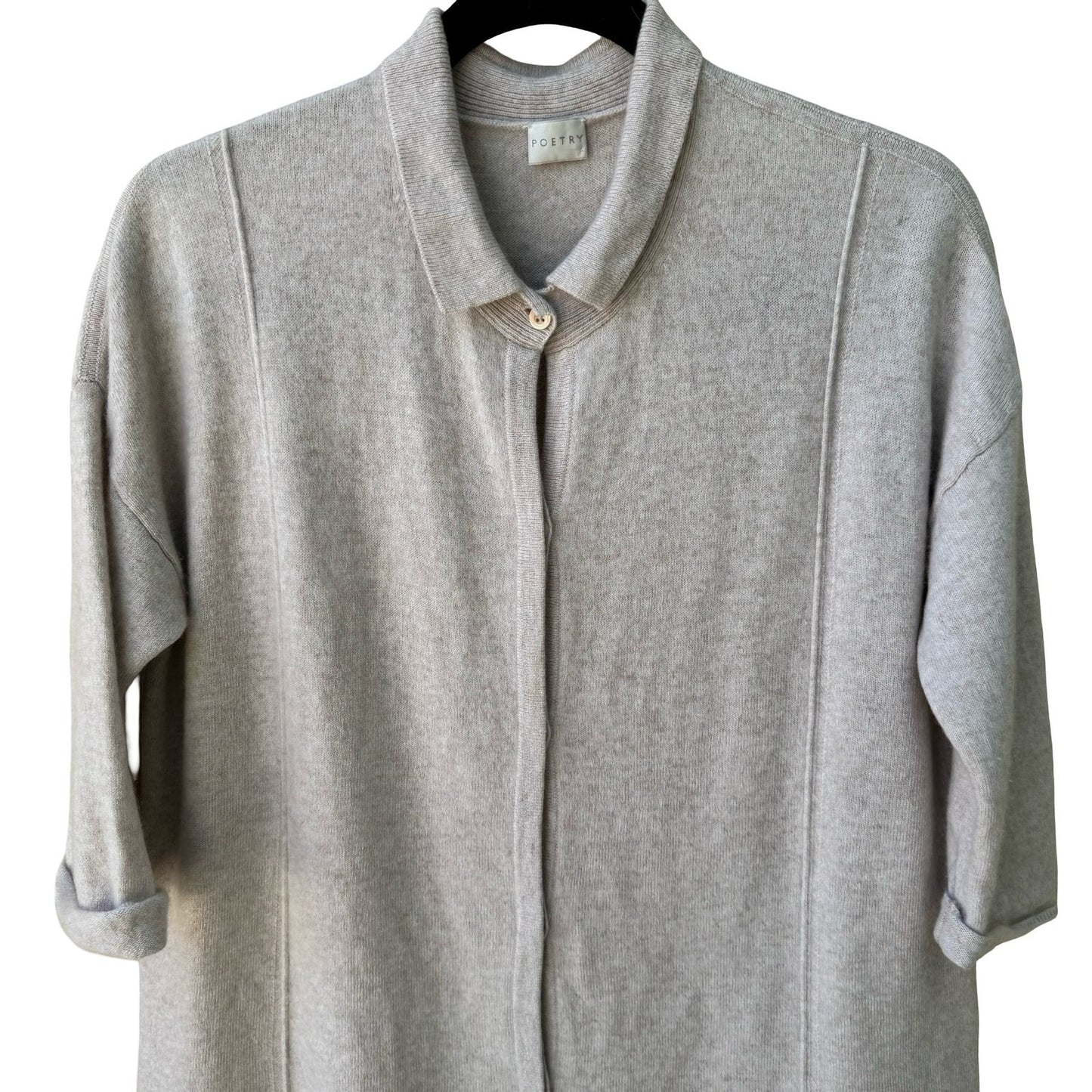 Poetry 100% Cashmere Quiet Luxury Oatmeal Collared 3/4 Sleeve Cardigan Sweater 4