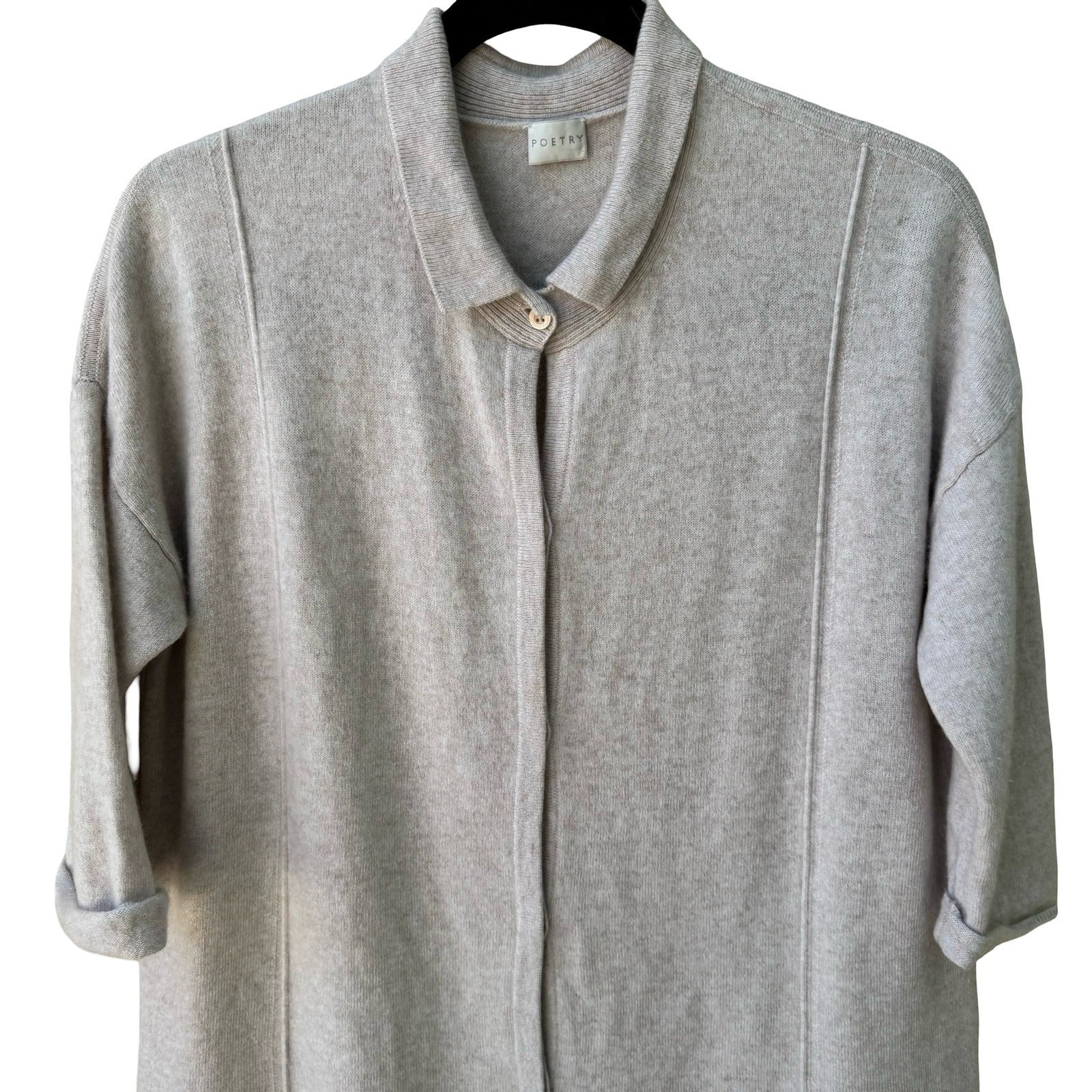 Poetry 100% Cashmere Quiet Luxury Oatmeal Collared 3/4 Sleeve Cardigan Sweater 4