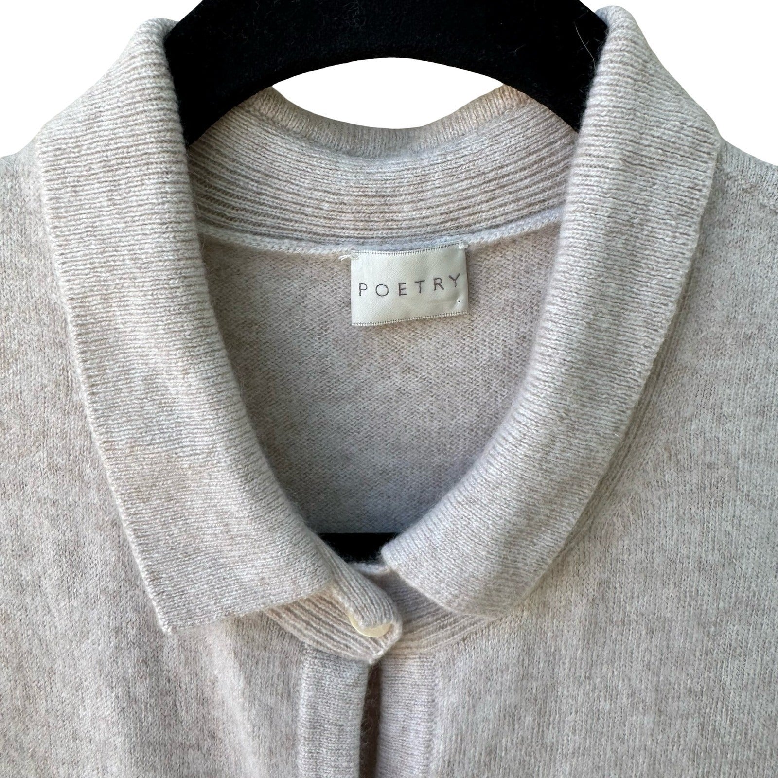 Poetry 100% Cashmere Quiet Luxury Oatmeal Collared 3/4 Sleeve Cardigan Sweater 4