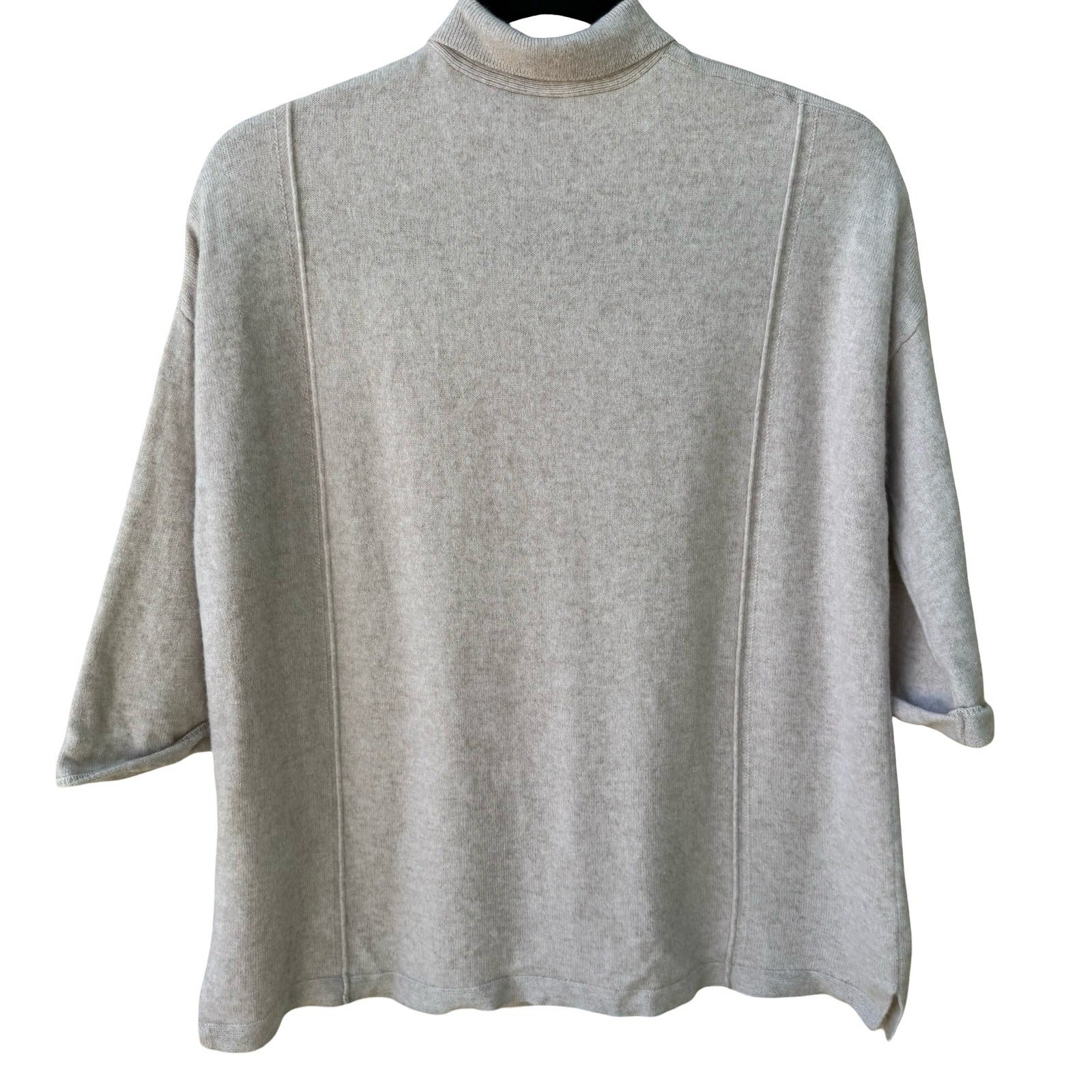Poetry 100% Cashmere Quiet Luxury Oatmeal Collared 3/4 Sleeve Cardigan Sweater 4