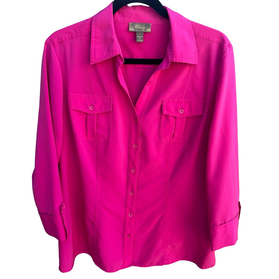 Clichy Womens Large Fuchsia Pink 3/4 Sleeve Button Up Blouse Barbie Stretch Top