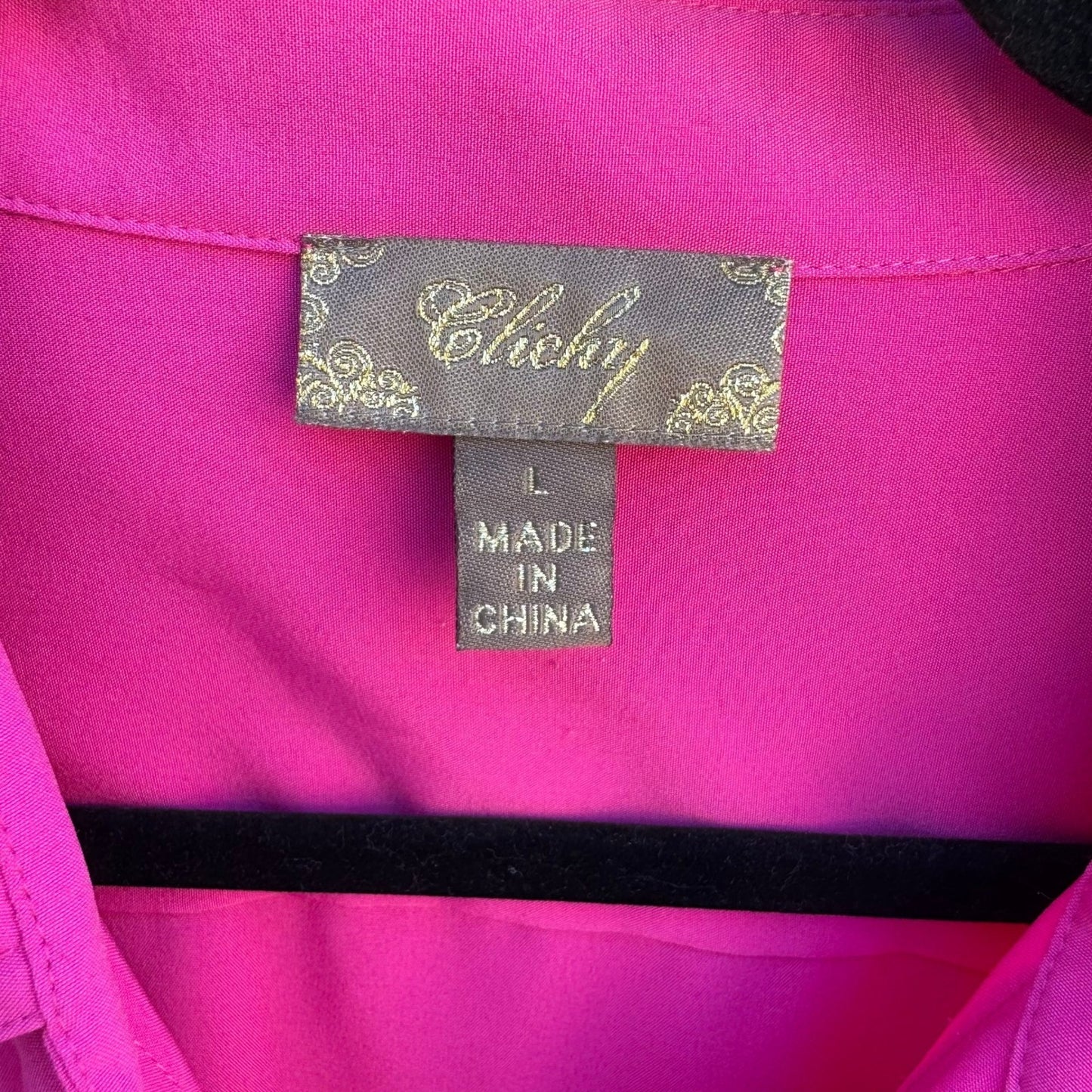 Clichy Womens Large Fuchsia Pink 3/4 Sleeve Button Up Blouse Barbie Stretch Top