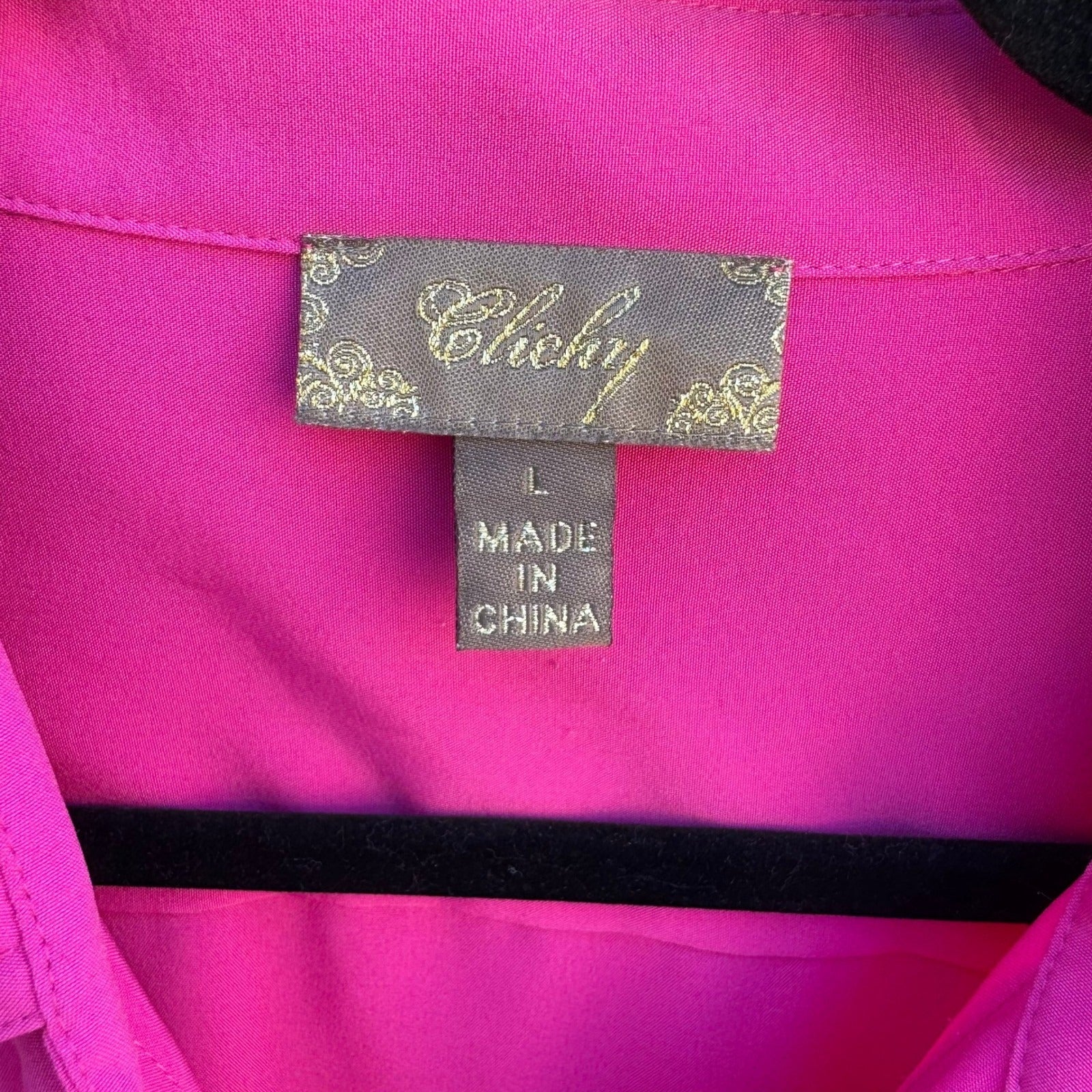 Clichy Womens Large Fuchsia Pink 3/4 Sleeve Button Up Blouse Barbie Stretch Top