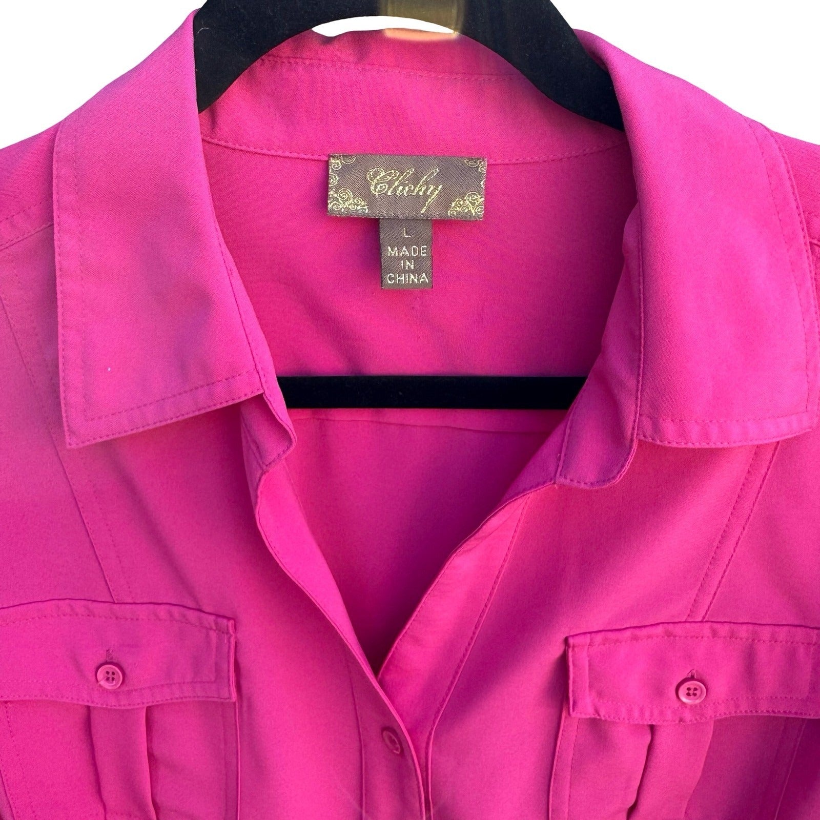 Clichy Womens Large Fuchsia Pink 3/4 Sleeve Button Up Blouse Barbie Stretch Top