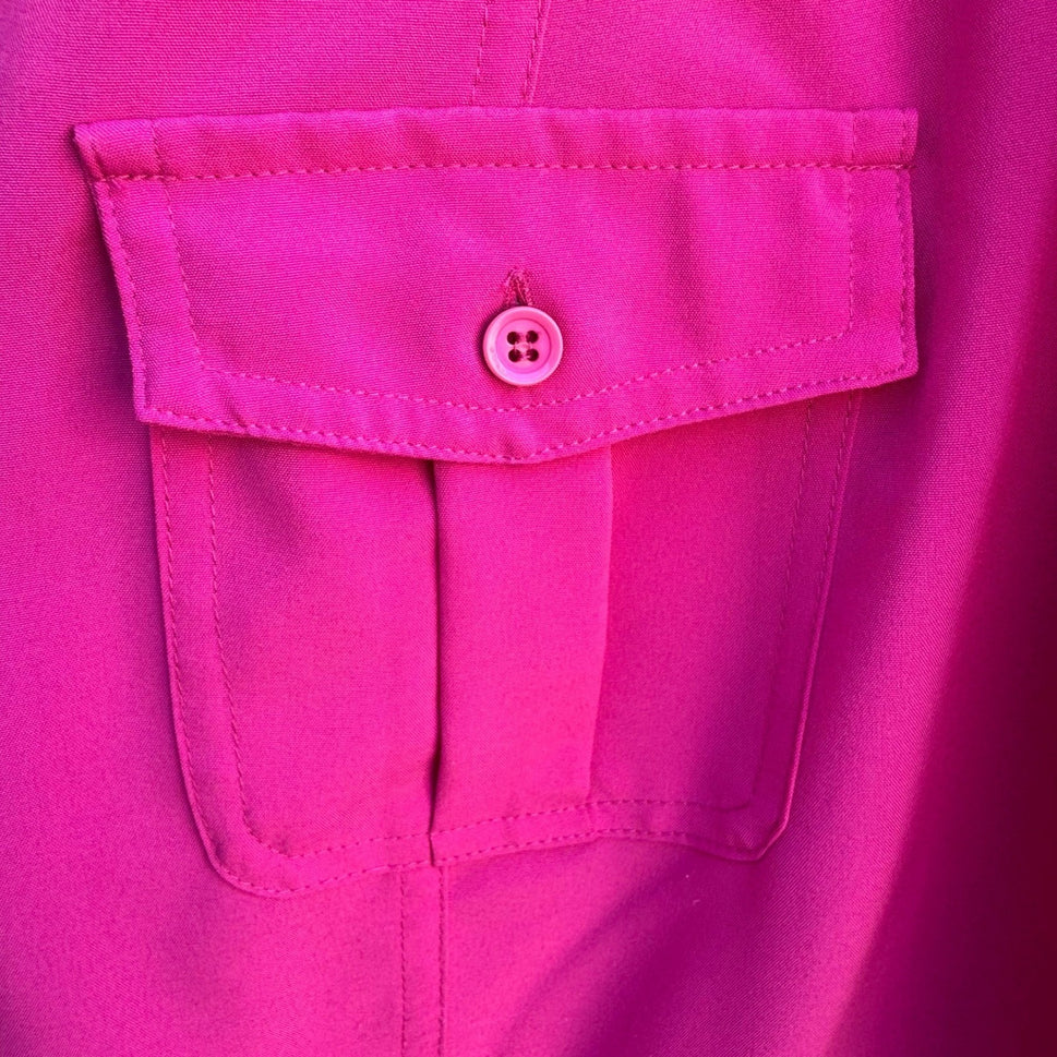 Clichy Womens Large Fuchsia Pink 3/4 Sleeve Button Up Blouse Barbie Stretch Top