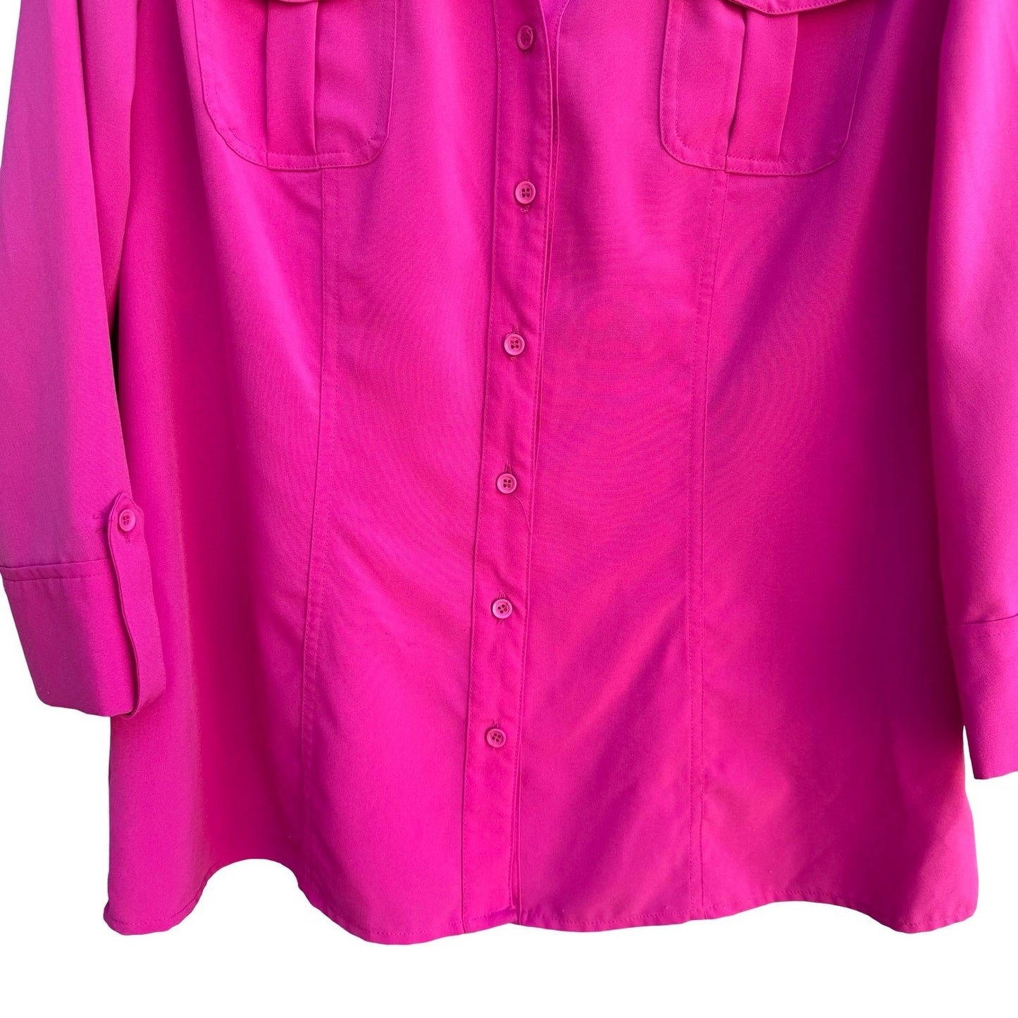Clichy Womens Large Fuchsia Pink 3/4 Sleeve Button Up Blouse Barbie Stretch Top