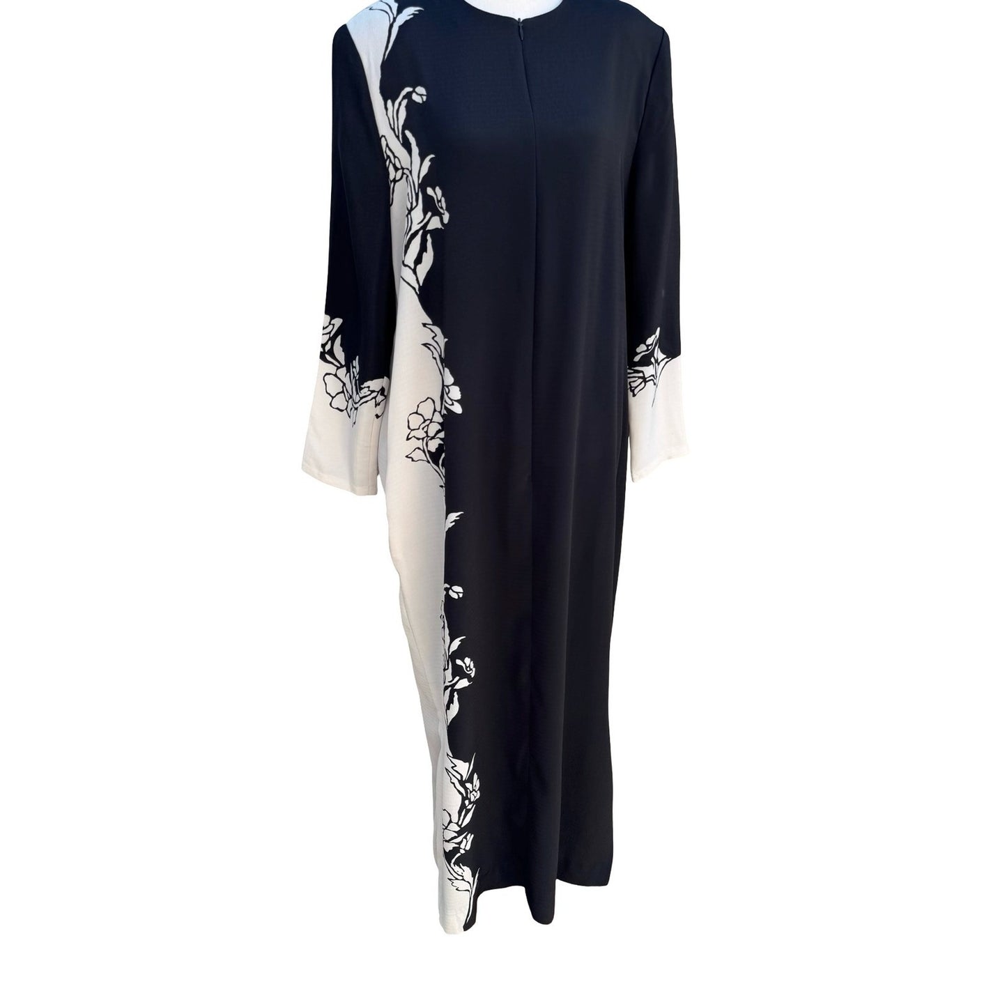 Raza New York Black White Floral Graphic Maxi Dress Duster Housecoat Crepe Sze M