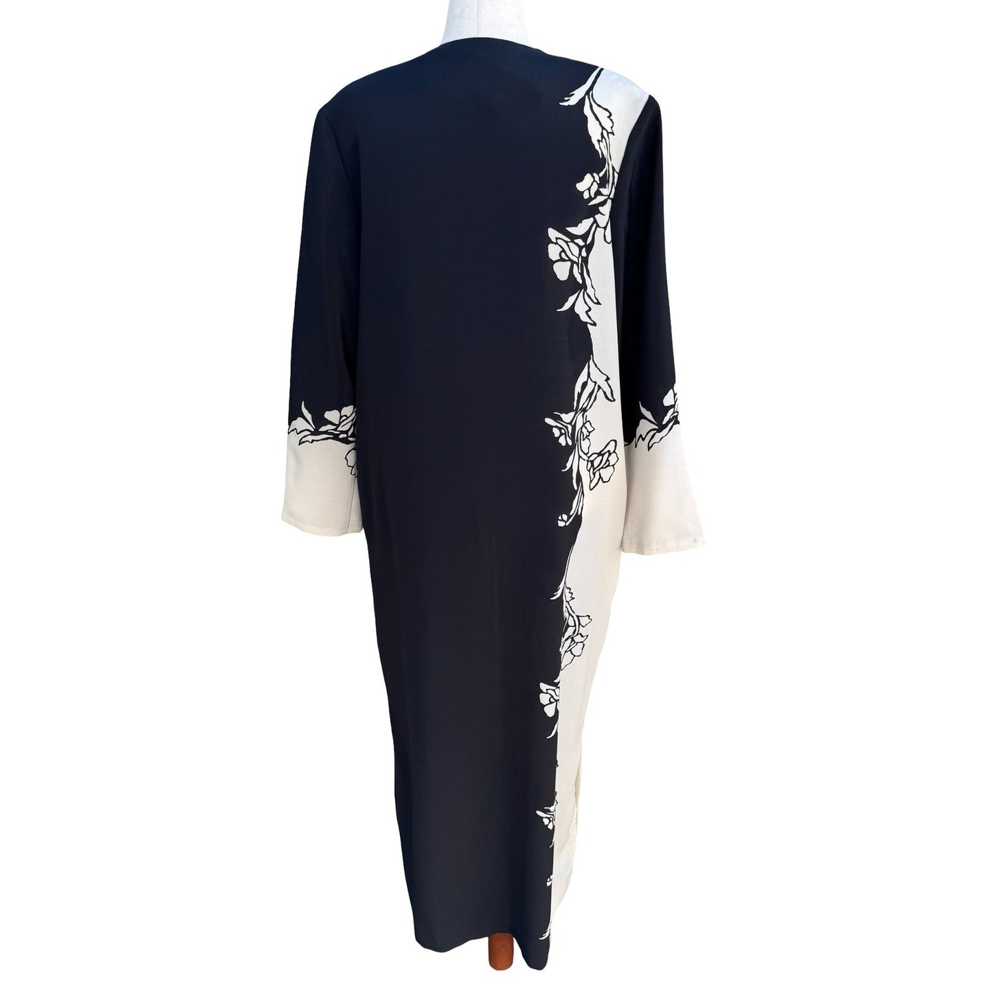 Raza New York Black White Floral Graphic Maxi Dress Duster Housecoat Crepe Sze M