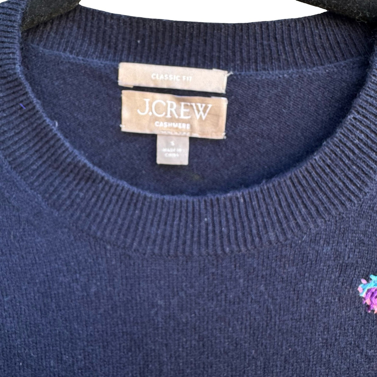 J Crew Cashmere Preppy Classic Fit Minimalist Sweater Embroidered Detail Navy S