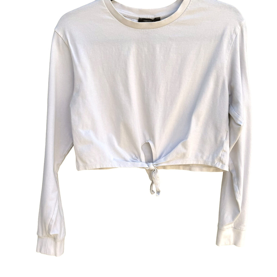 Forever 21 Women's White Long Sleeve Cotton Stretch Crop Tie Front Top - Medium