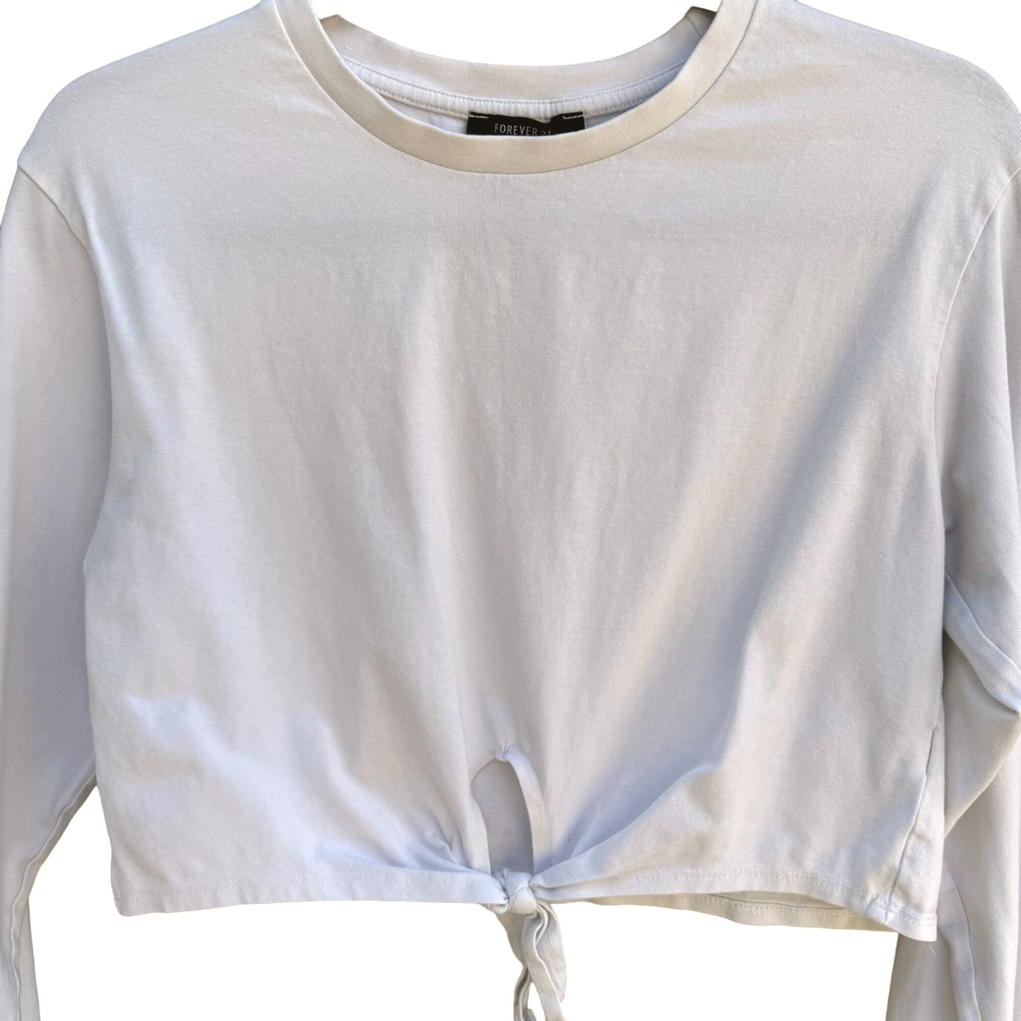 Forever 21 Women's White Long Sleeve Cotton Stretch Crop Tie Front Top - Medium