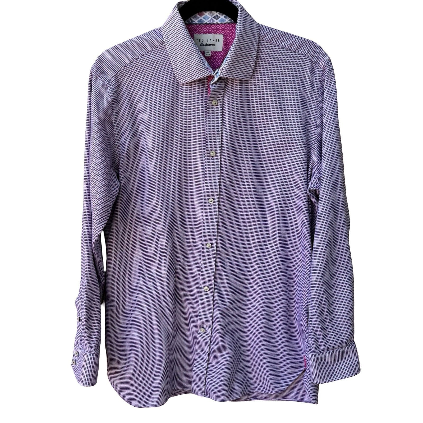 Ted Baker Endurance Preppy Micro Check Dress Shirt Purple Tailored Dandy Mens M