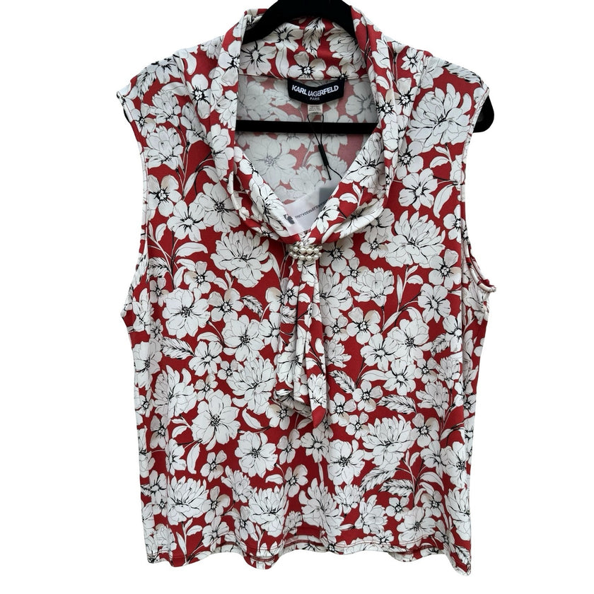 Karl Lagerfeld Paris Womens Red White Floral Cowl Neck Pearl Accent Top Size L