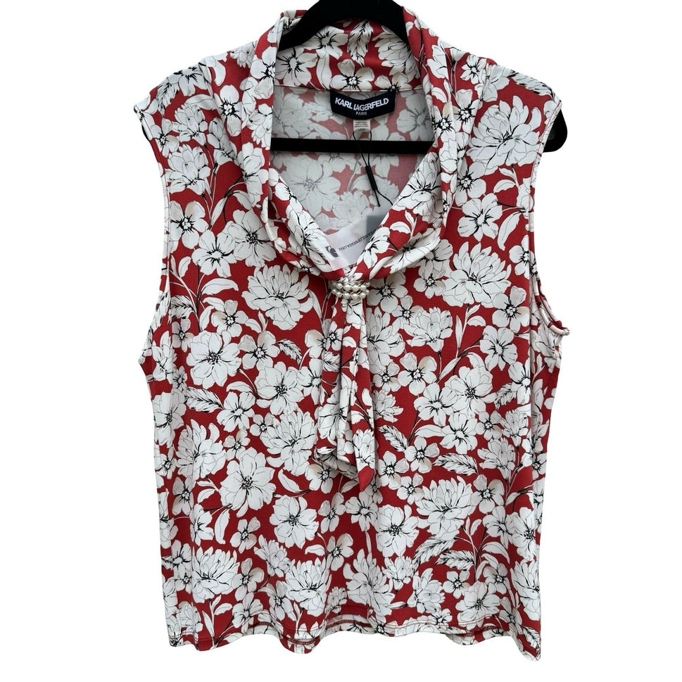 Karl Lagerfeld Paris Womens Red White Floral Cowl Neck Pearl Accent Top Size L