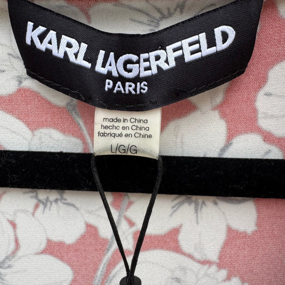 Karl Lagerfeld Paris Womens Red White Floral Cowl Neck Pearl Accent Top Size L
