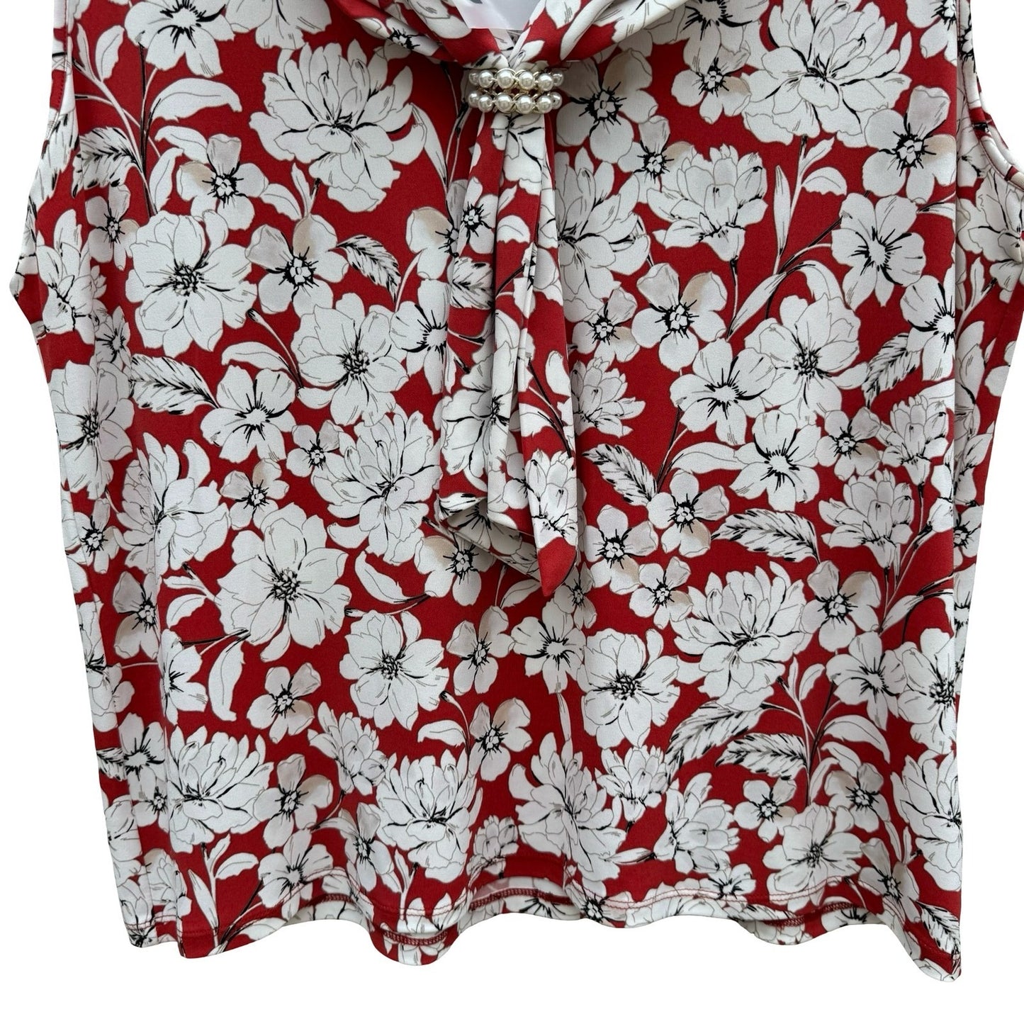 Karl Lagerfeld Paris Womens Red White Floral Cowl Neck Pearl Accent Top Size L