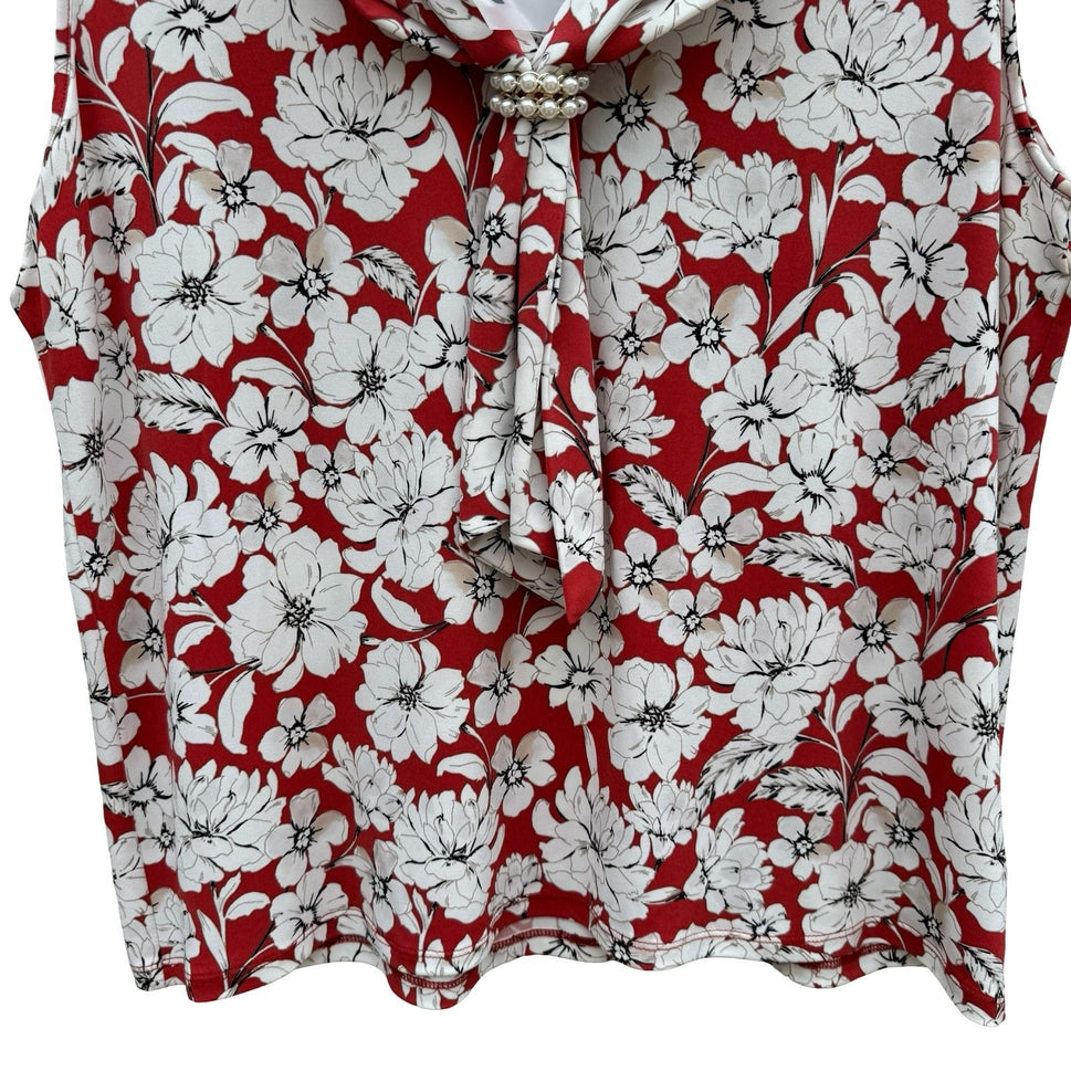 Karl Lagerfeld Paris Womens Red White Floral Cowl Neck Pearl Accent Top Size L