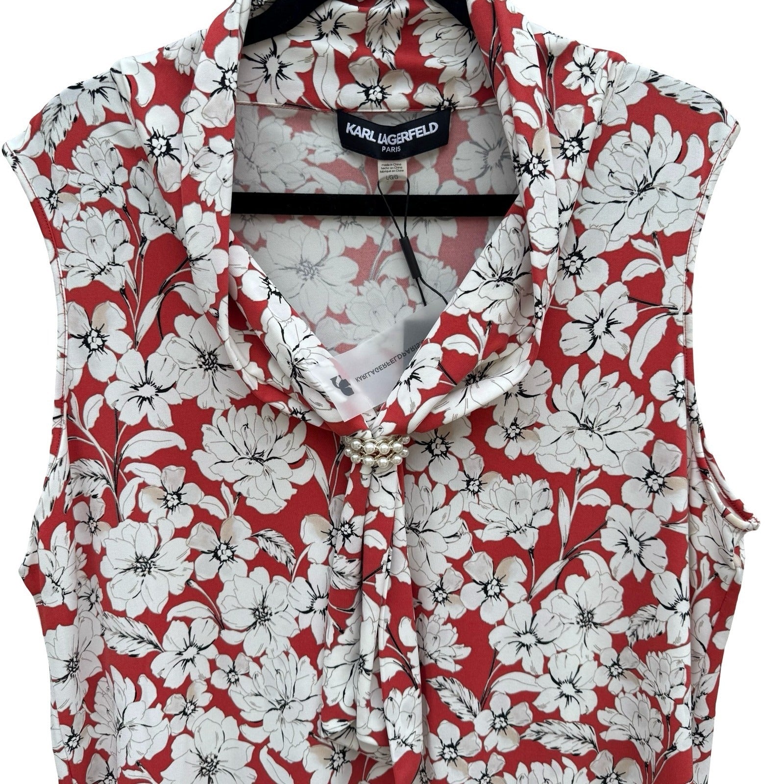 Karl Lagerfeld Paris Womens Red White Floral Cowl Neck Pearl Accent Top Size L