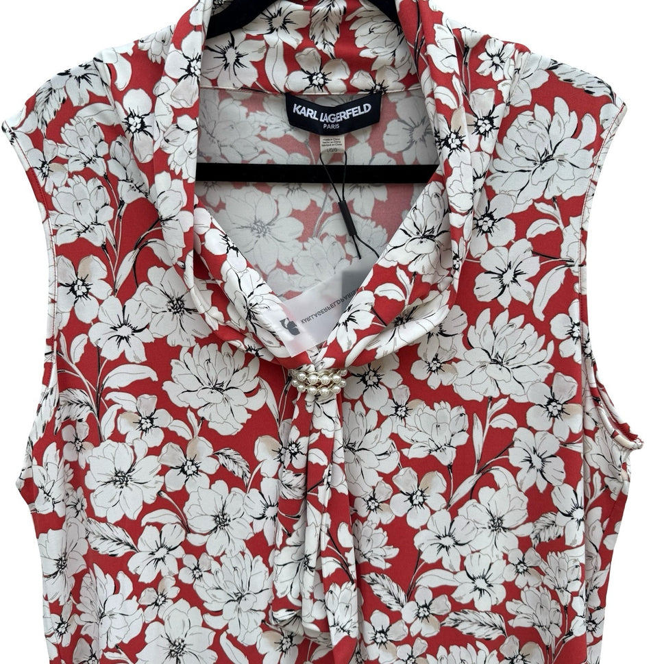 Karl Lagerfeld Paris Womens Red White Floral Cowl Neck Pearl Accent Top Size L