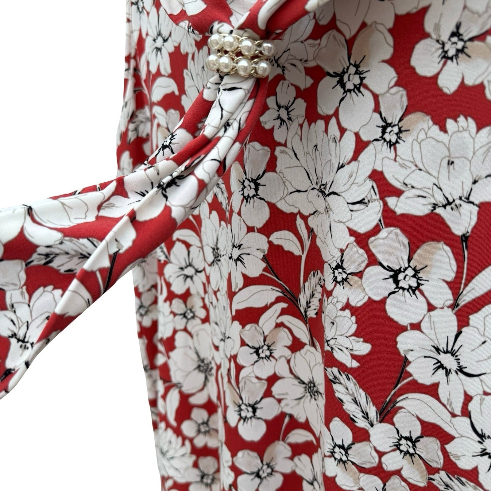 Karl Lagerfeld Paris Womens Red White Floral Cowl Neck Pearl Accent Top Size L