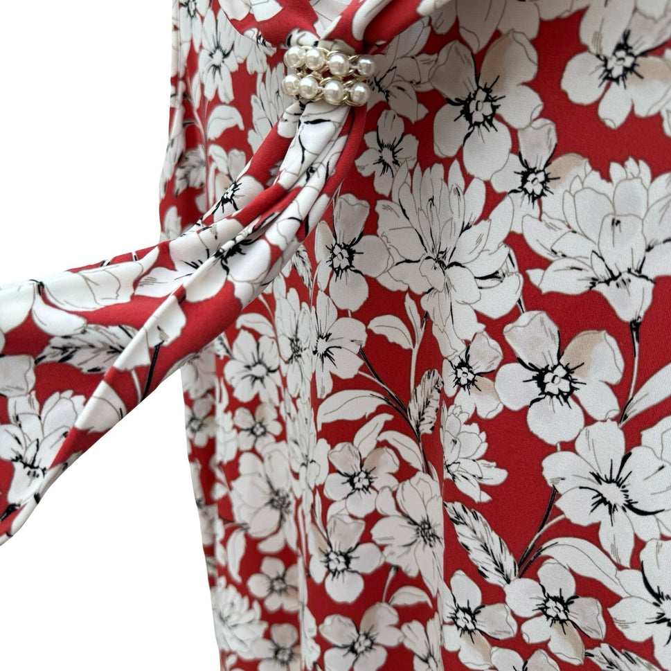 Karl Lagerfeld Paris Womens Red White Floral Cowl Neck Pearl Accent Top Size L