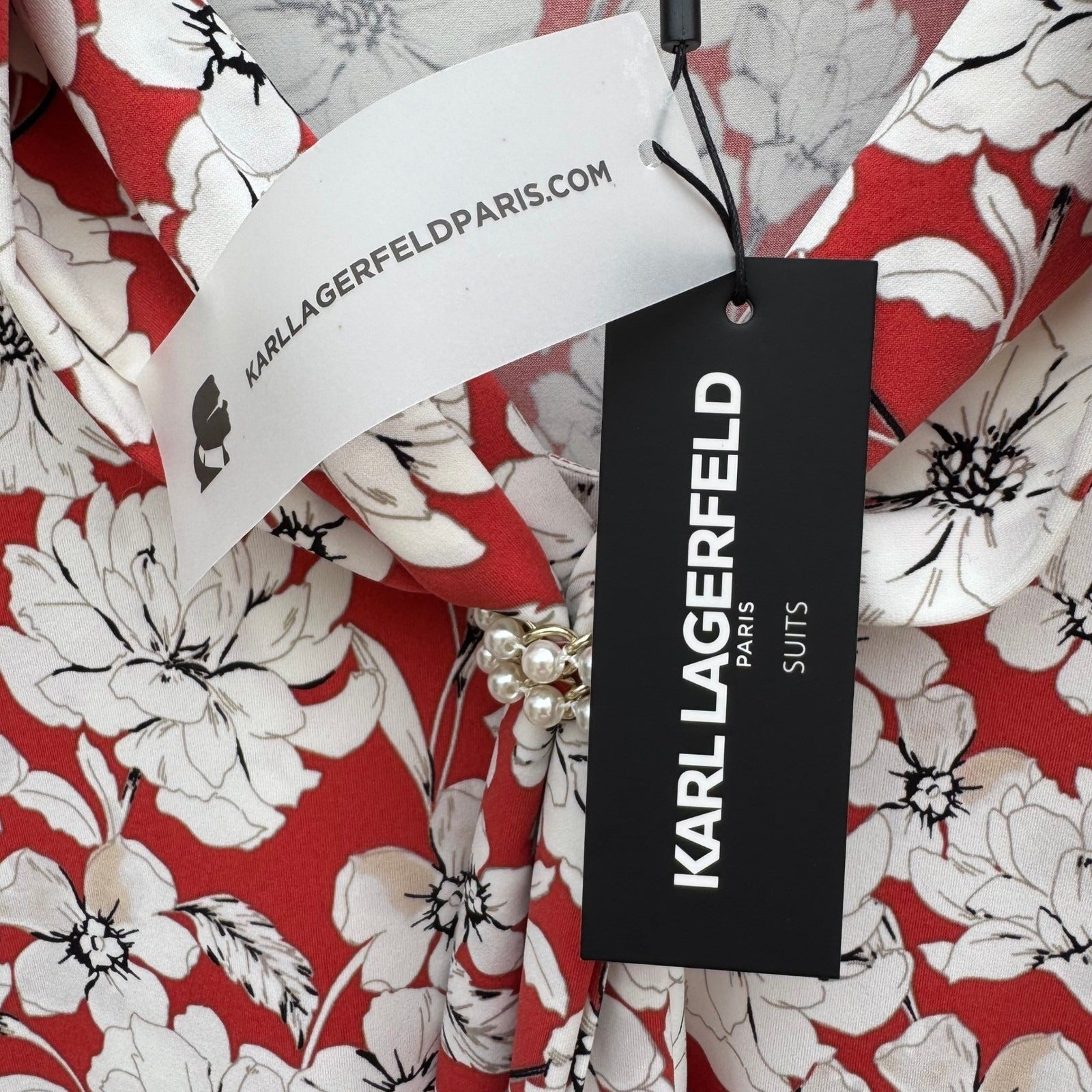 Karl Lagerfeld Paris Womens Red White Floral Cowl Neck Pearl Accent Top Size L