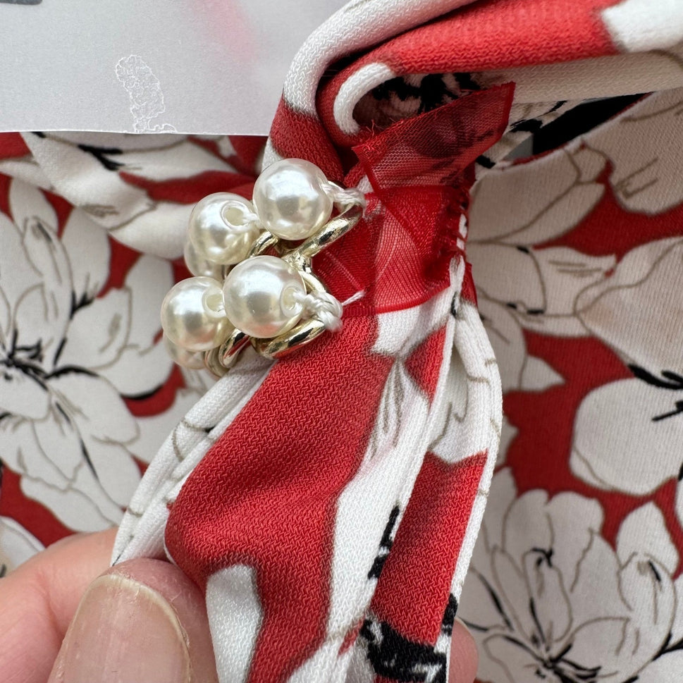 Karl Lagerfeld Paris Womens Red White Floral Cowl Neck Pearl Accent Top Size L