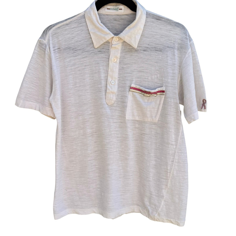 Richard Vintage 80s White Slub Knit Polo Shirt Preppy Embroidered Tennis Mens M