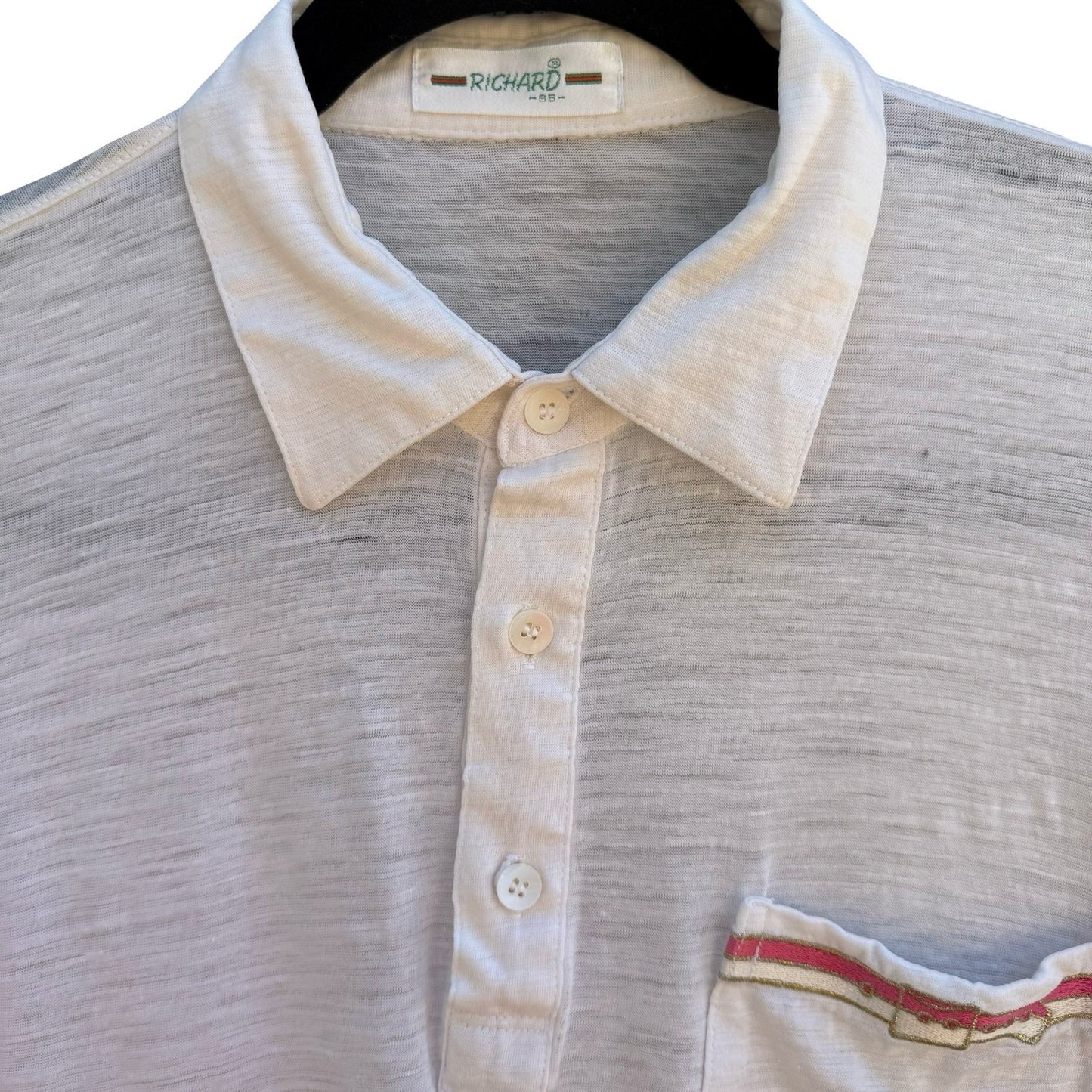 Richard Vintage 80s White Slub Knit Polo Shirt Preppy Embroidered Tennis Mens M