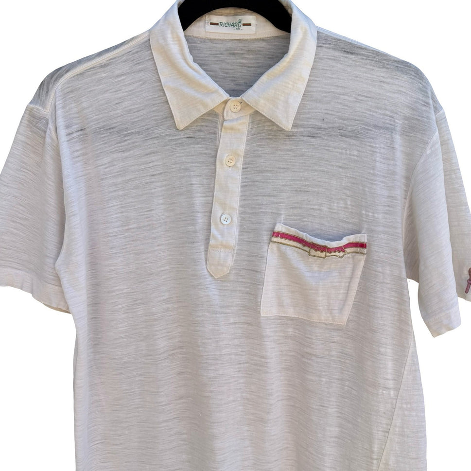 Richard Vintage 80s White Slub Knit Polo Shirt Preppy Embroidered Tennis Mens M