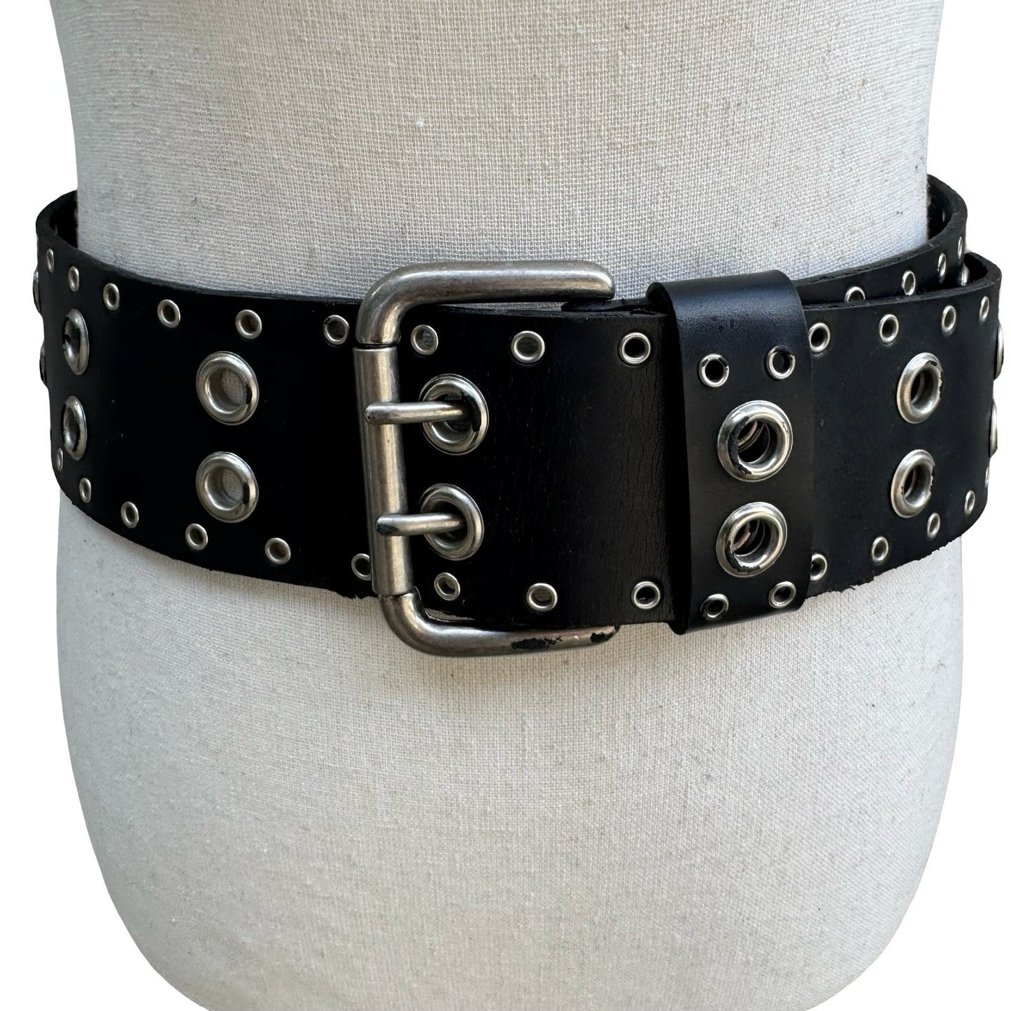Punk Goth Alt Black Faux Leather Wide Grommet Belt Double Prong Silver Buckle