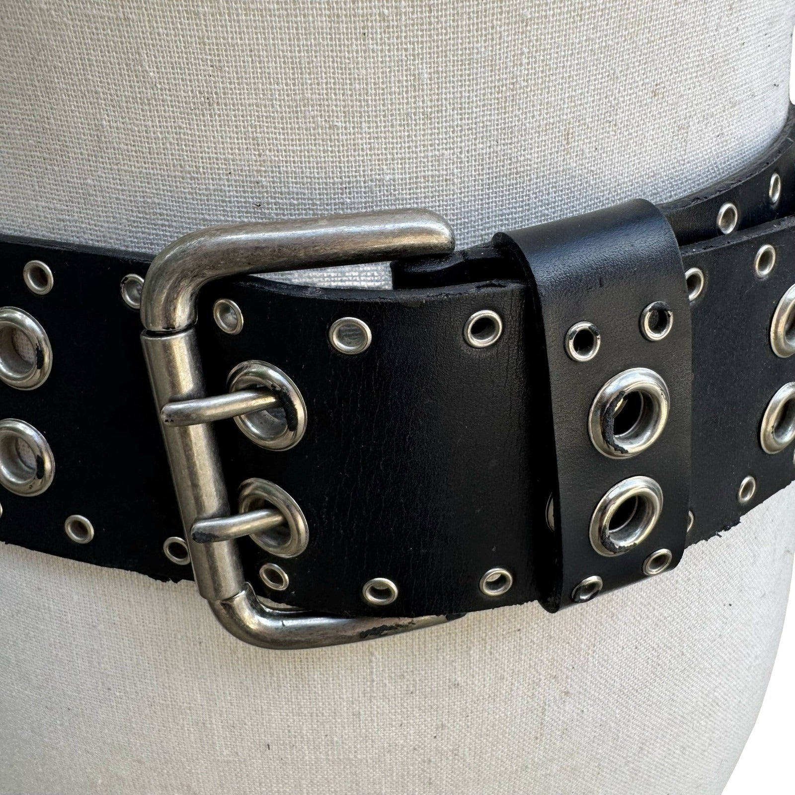 Punk Goth Alt Black Faux Leather Wide Grommet Belt Double Prong Silver Buckle