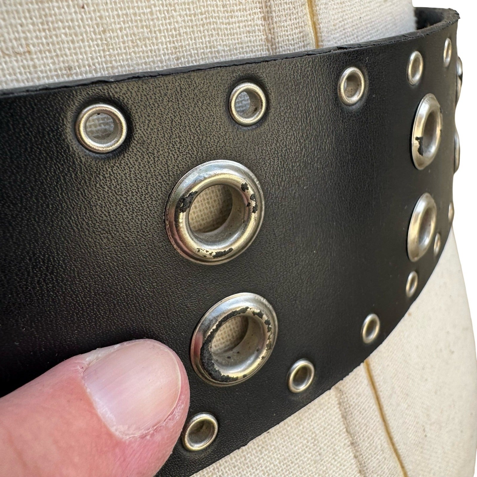Punk Goth Alt Black Faux Leather Wide Grommet Belt Double Prong Silver Buckle