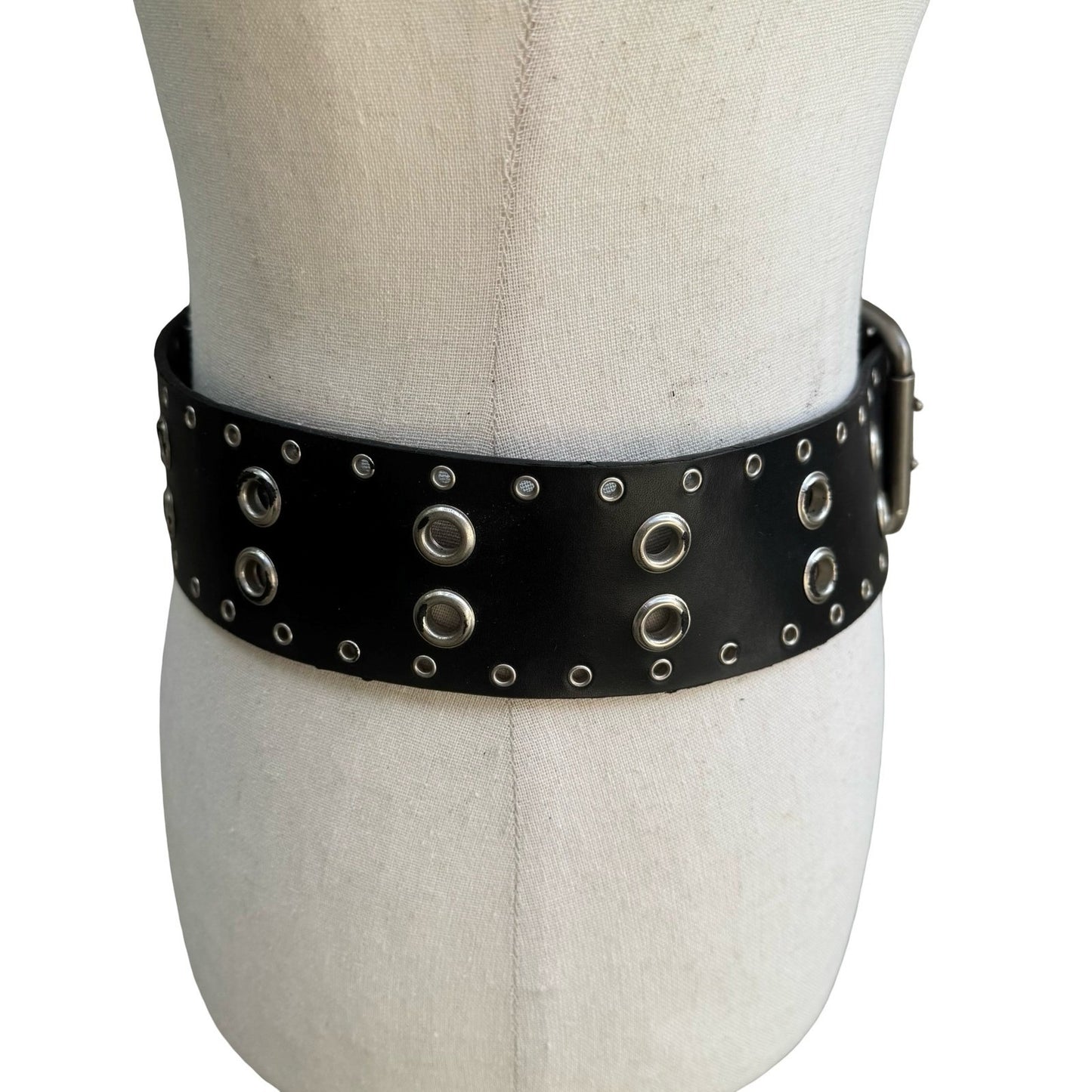 Punk Goth Alt Black Faux Leather Wide Grommet Belt Double Prong Silver Buckle