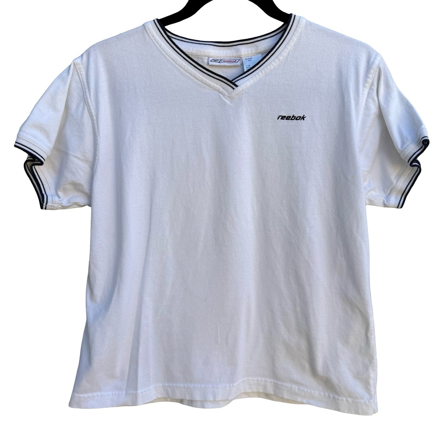 Reebok Vintage Y2K Sporty Athletic Preppy V-Neck Shirt Striped Trim White Mens L