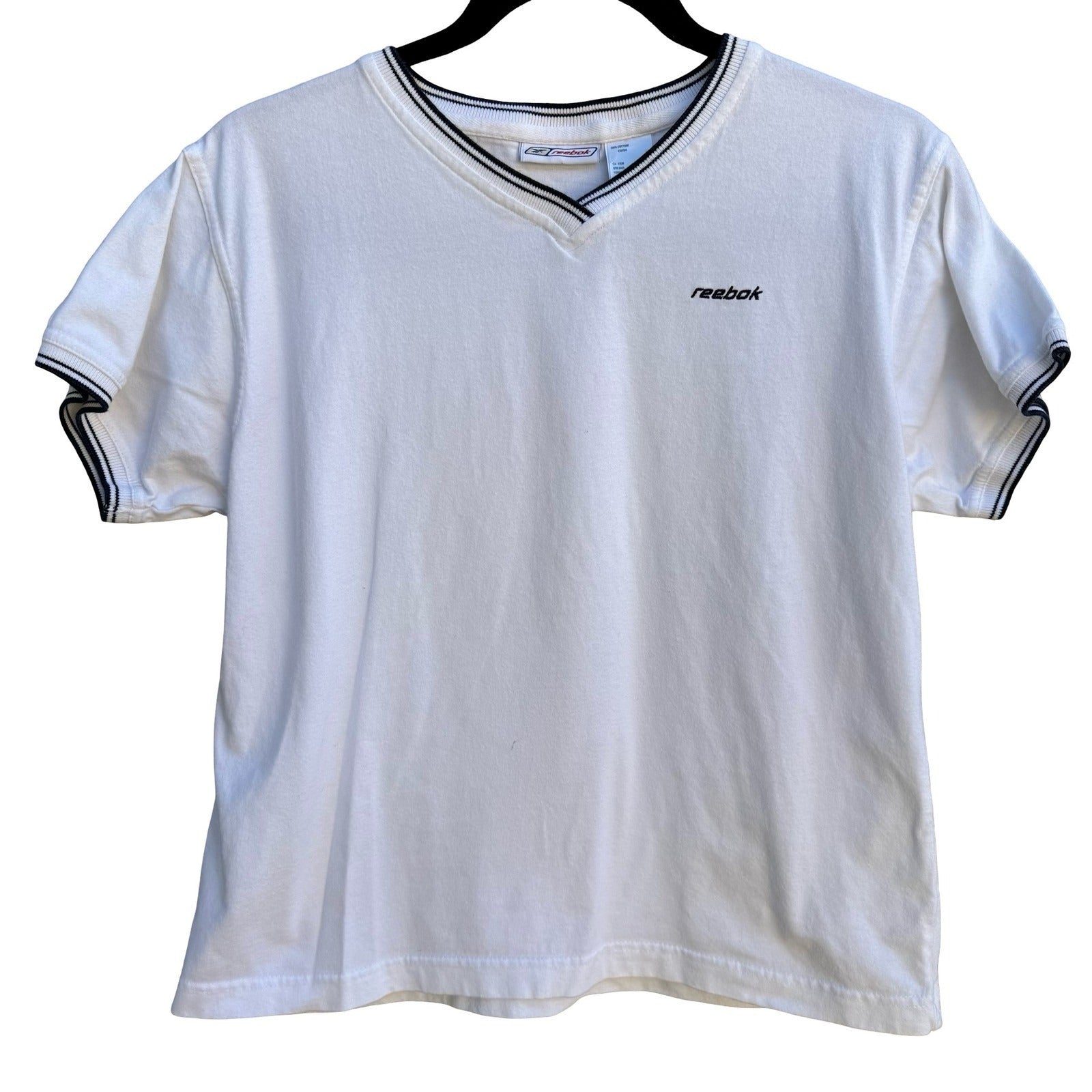 Reebok Vintage Y2K Sporty Athletic Preppy V-Neck Shirt Striped Trim White Mens L
