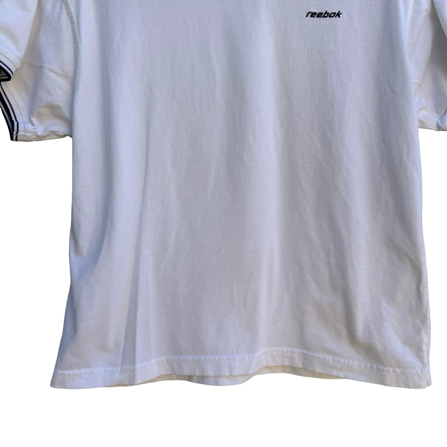 Reebok Vintage Y2K Sporty Athletic Preppy V-Neck Shirt Striped Trim White Mens L