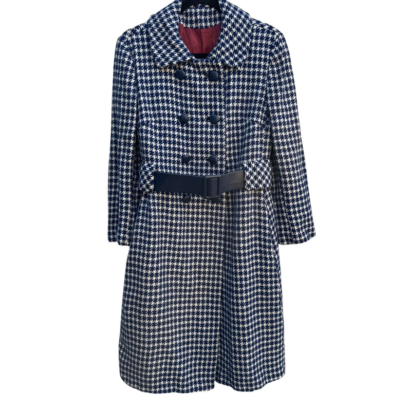 Lorendale Vintage Women’s Navy Houndstooth Wool Double-Breasted Belted Coat