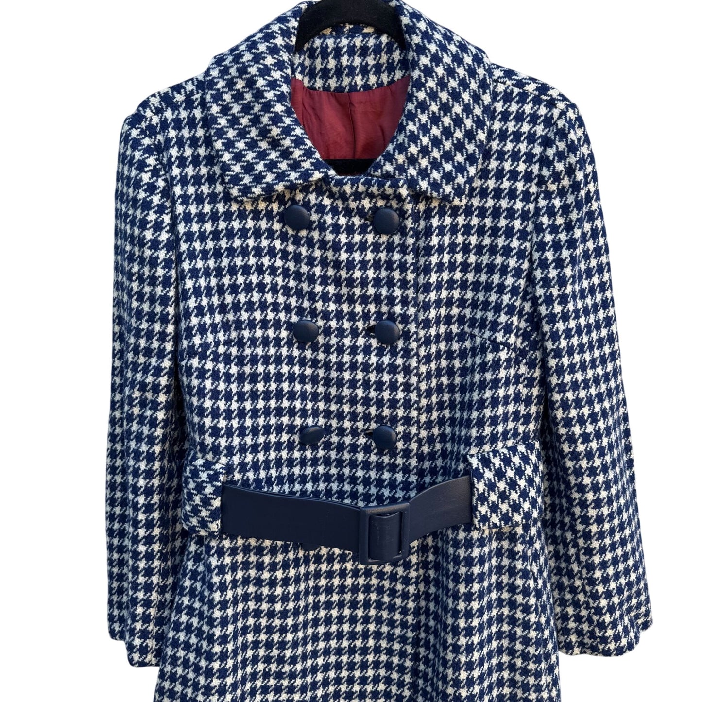 Lorendale Vintage Women’s Navy Houndstooth Wool Double-Breasted Belted Coat