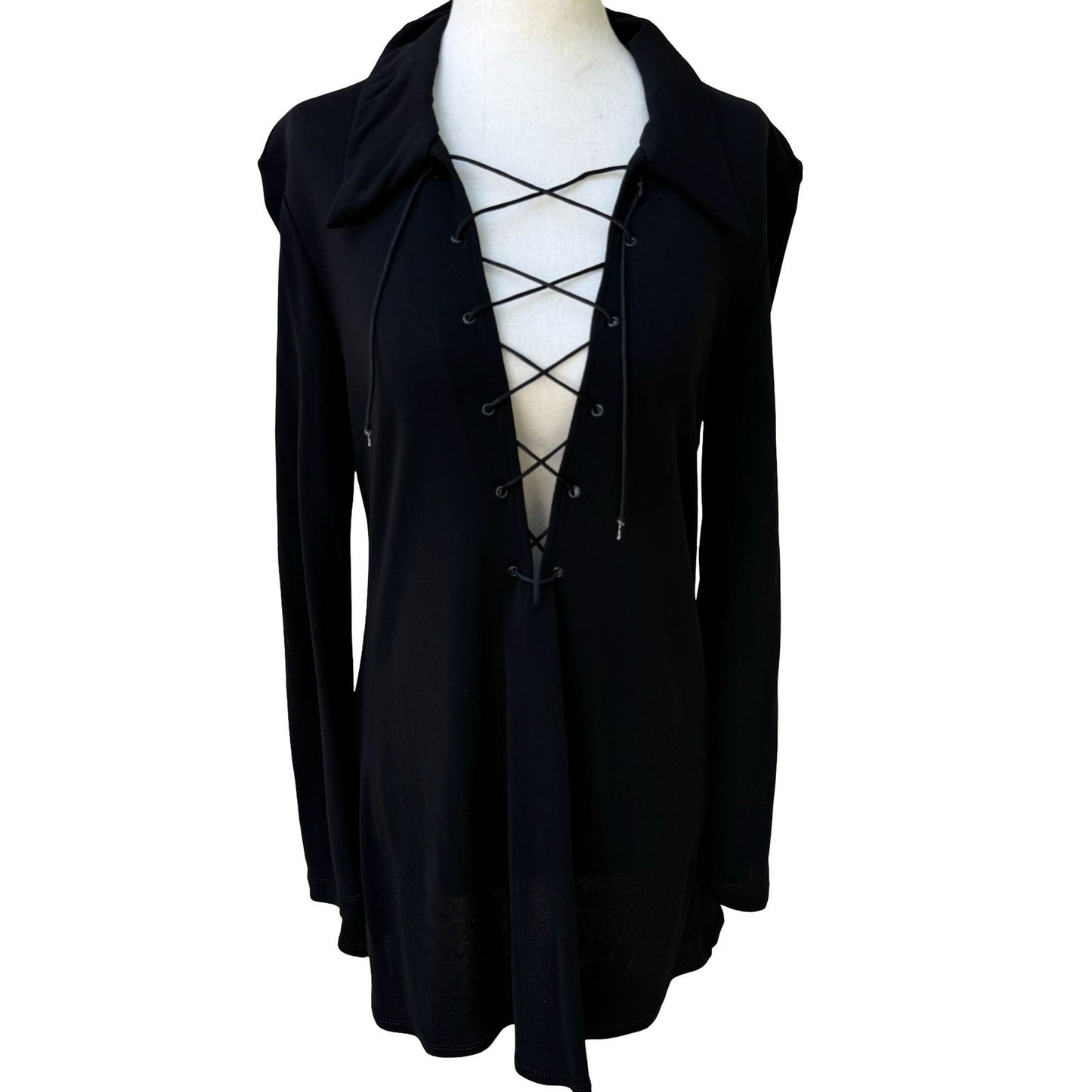 BCBG Max Azria Y2K Goth Whismigoth Black Lace Up Witchy Grunge Minimalist Shirt