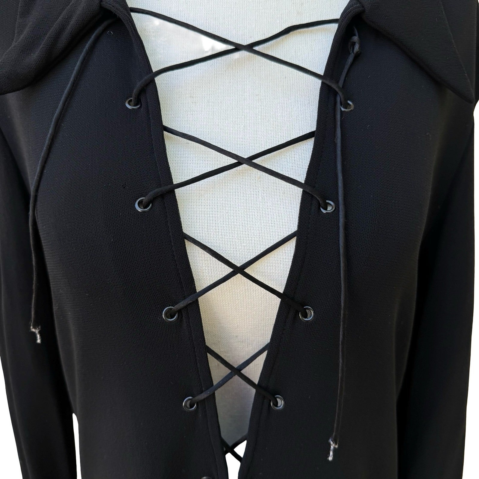 BCBG Max Azria Y2K Goth Whismigoth Black Lace Up Witchy Grunge Minimalist Shirt