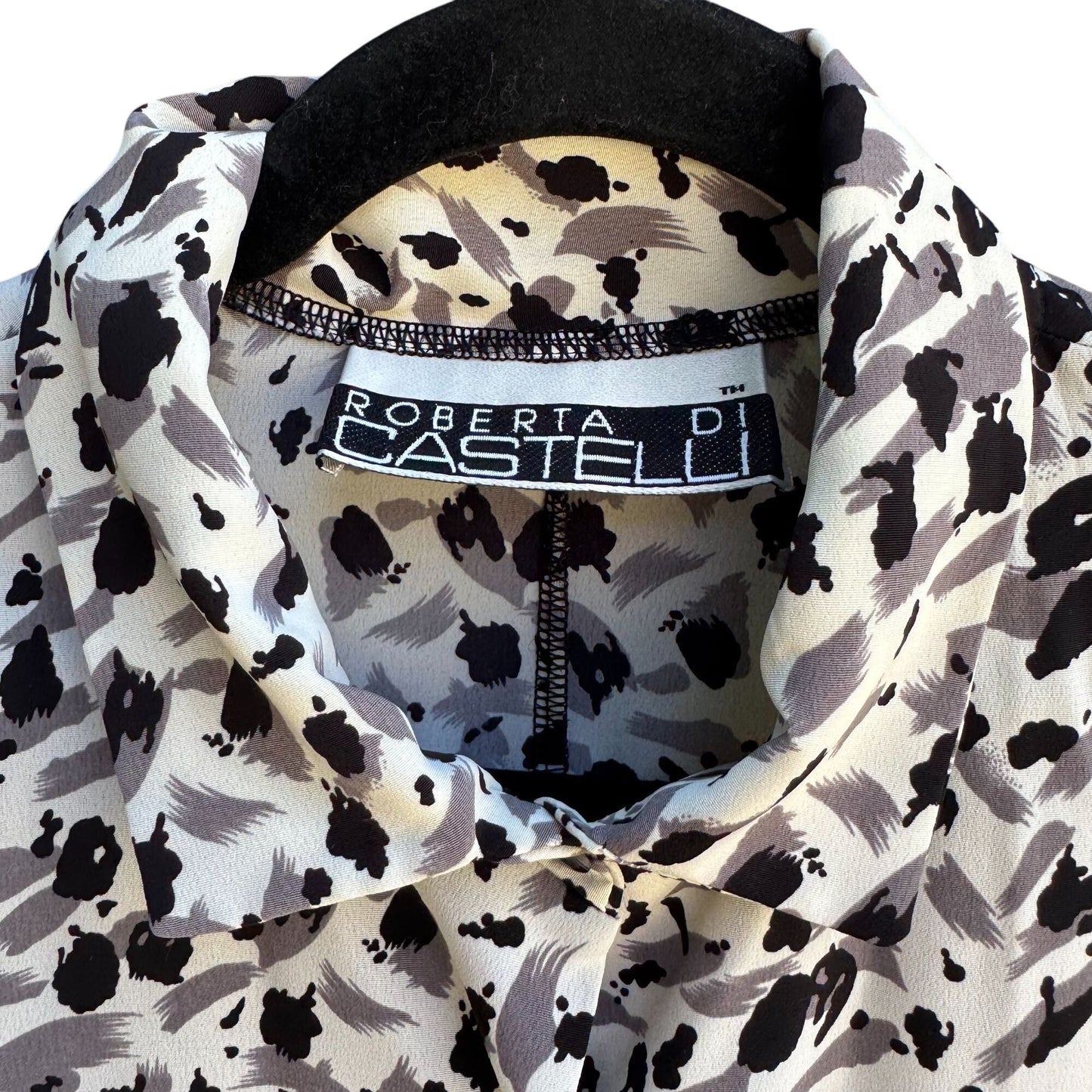 Roberta Di Castelli Vintage Womens Button-Up Black Gray Abstract Print Blouse 3X