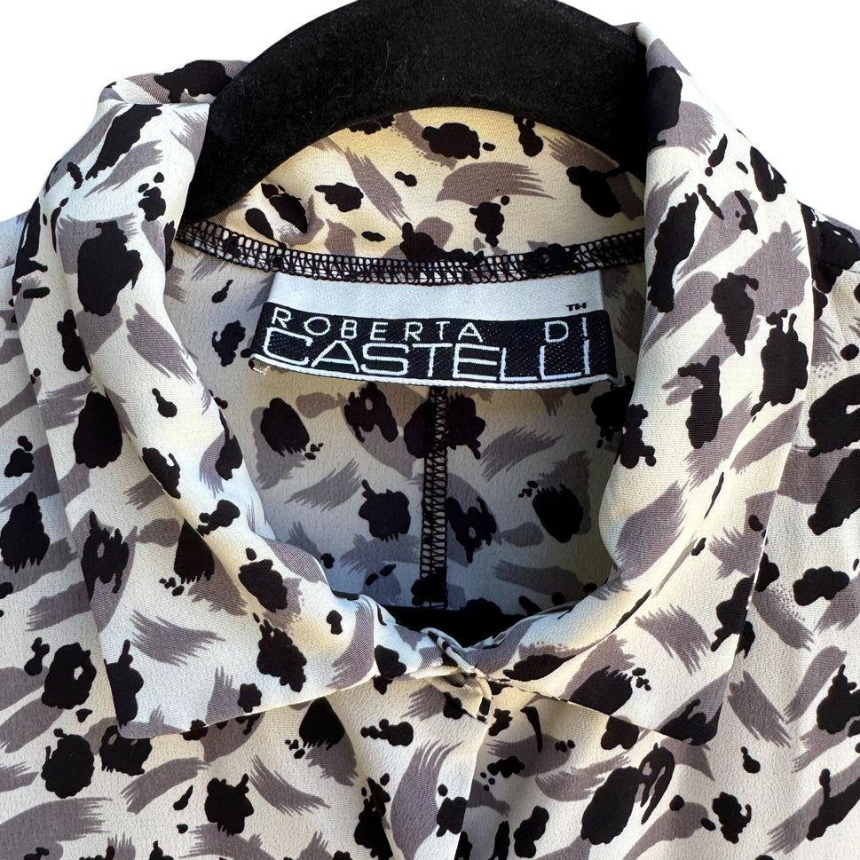 Roberta Di Castelli Vintage Womens Button-Up Black Gray Abstract Print Blouse 3X